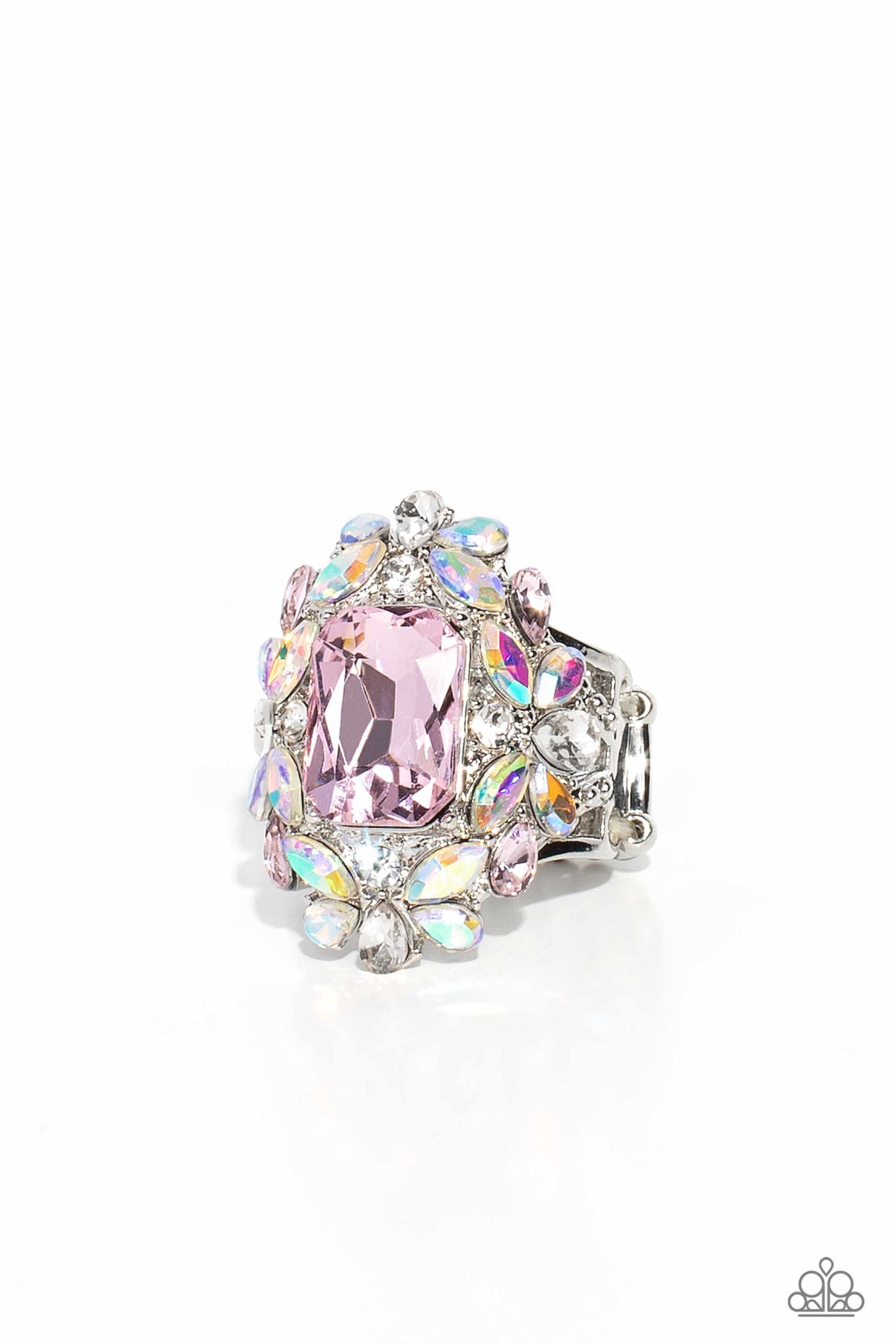 Paparazzi Accessories Dynamic Diadem - Pink A faceted radiant-cut pink gem is pressed into an elaborate frame filled with blinding round, teardrop and marquise-cut gems in shades of white, pink, and iridescent for a blingy statement atop the finger. Featu
