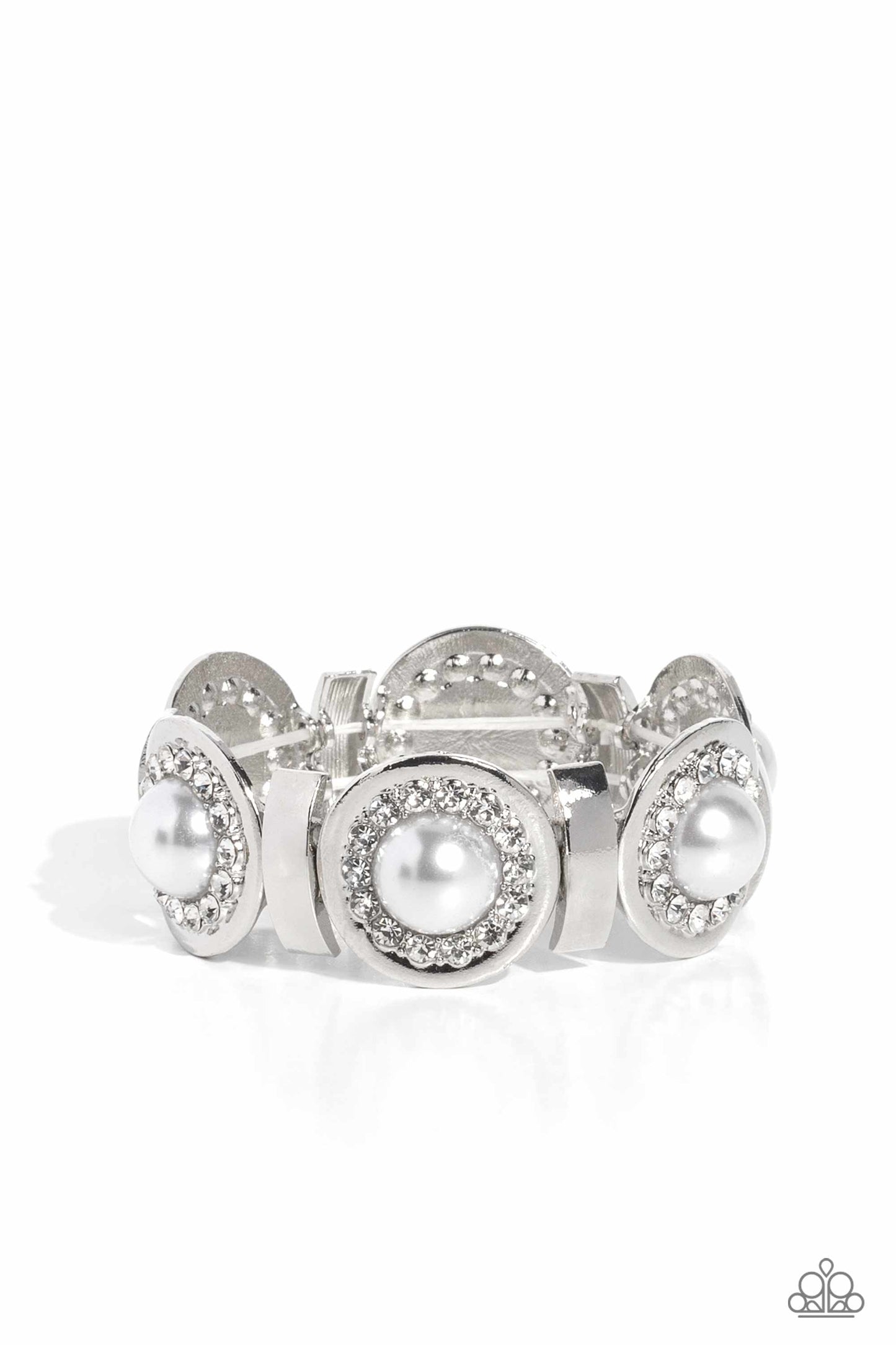 Paparazzi Accessories Summer Serenade - White Concaved silver frames, with an embossed row of white gems, encircle an oversized pearl center creating refined flowers. Sleek curls of silver alternate between the bejeweled flowers for additional shine and c