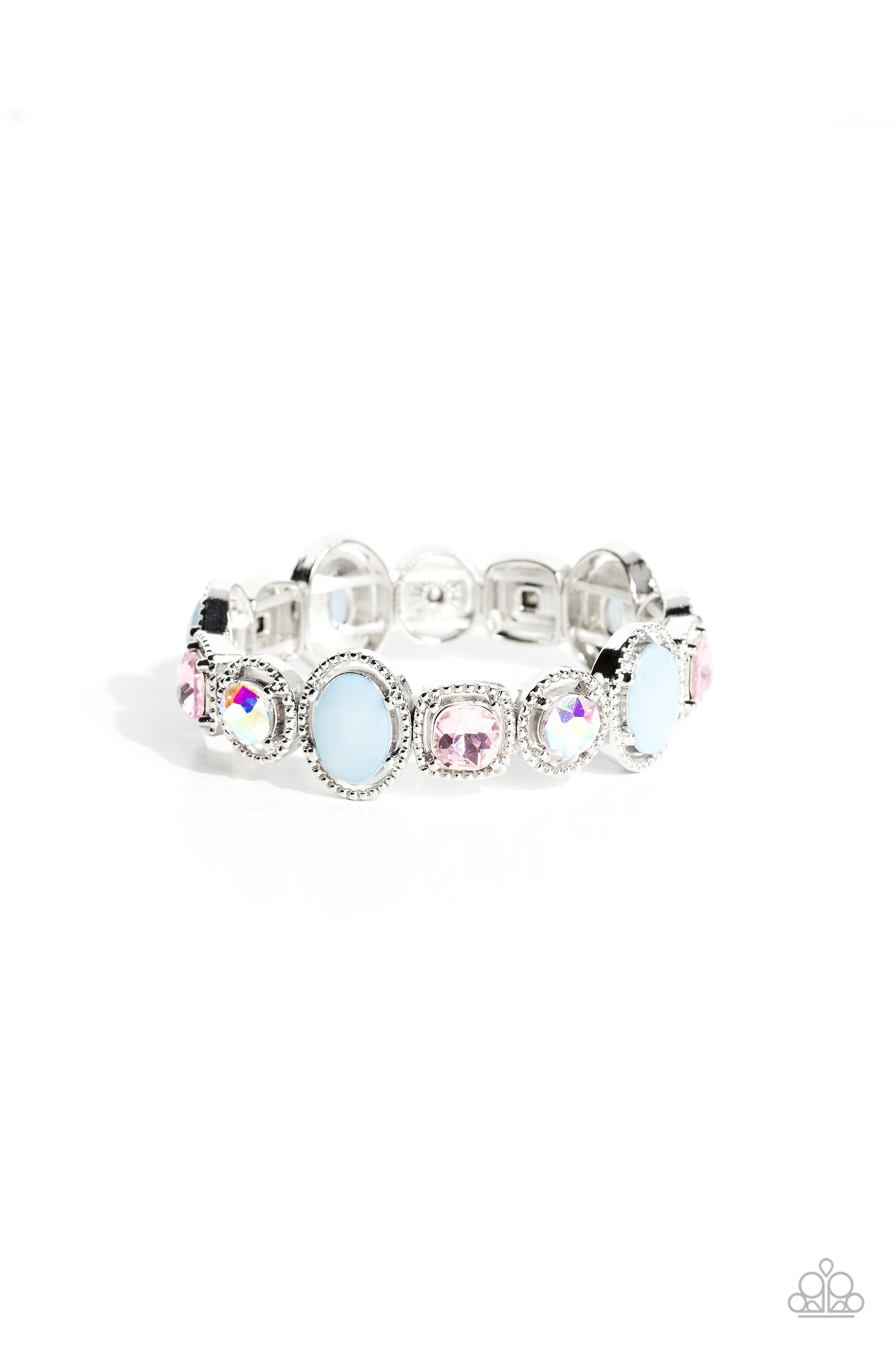 Paparazzi Accessories Fashion Fairy Tale - Multi Pressed in the center of pronged and studded thick silver oval, circular, and square frames, iridescent and light pink gems and milky blue beads alternate around the wrist on elastic stretchy bands for a re