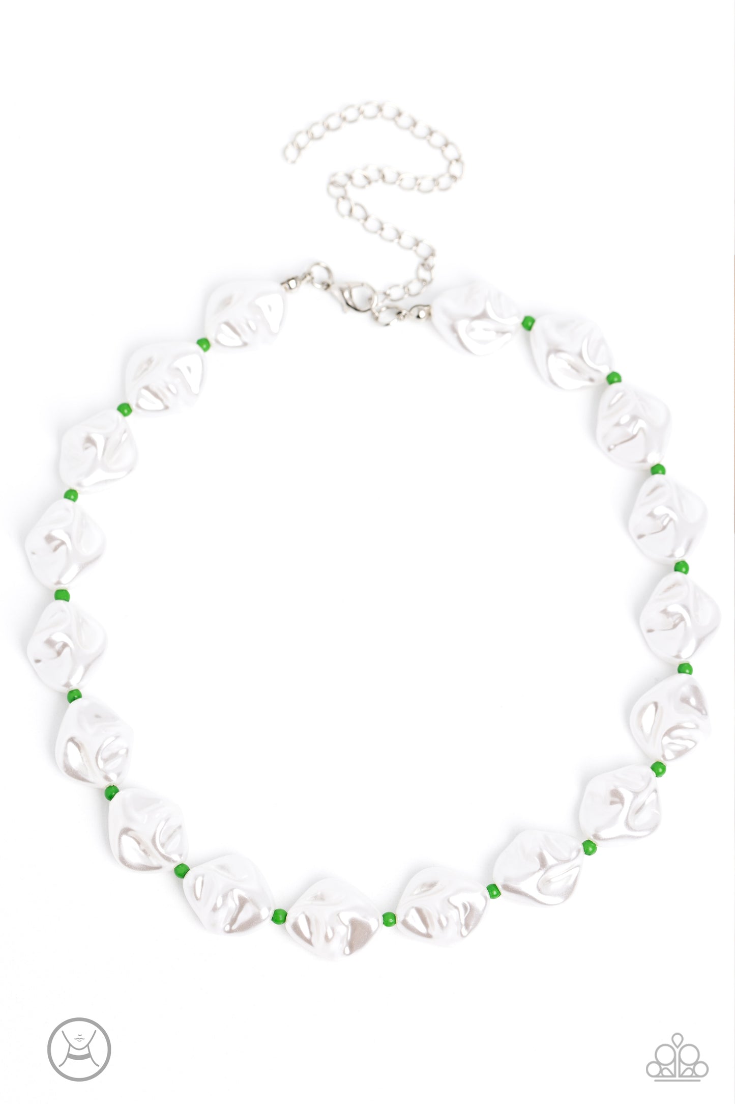 Paparazzi Accessories SHORE Enough - Green Rippling in texture, baroque white pearls alternate with classic green seed beads around the collar for a beachy statement. Features an adjustable clasp closure. Sold as one individual choker necklace. Includes o