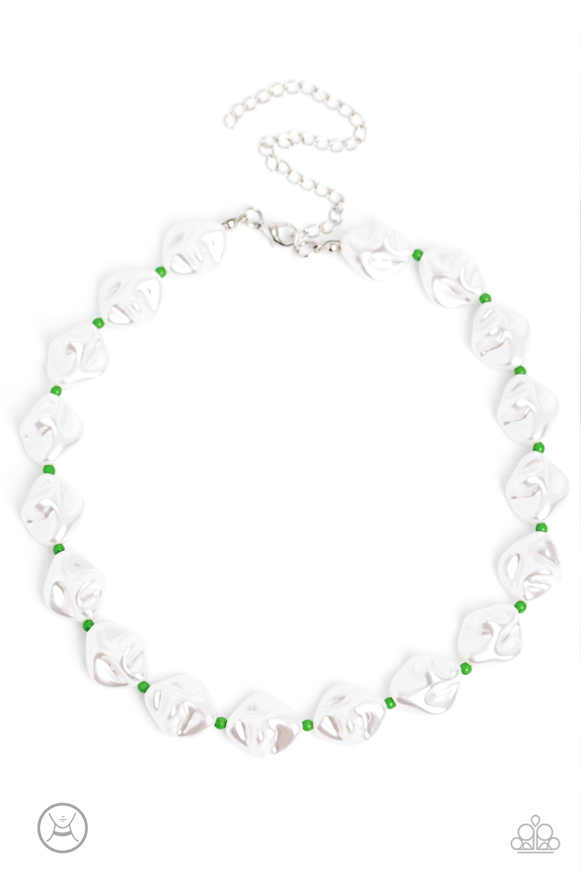 Paparazzi Accessories SHORE Enough - Green Rippling in texture, baroque white pearls alternate with classic green seed beads around the collar for a beachy statement. Features an adjustable clasp closure. Sold as one individual choker necklace. Includes o