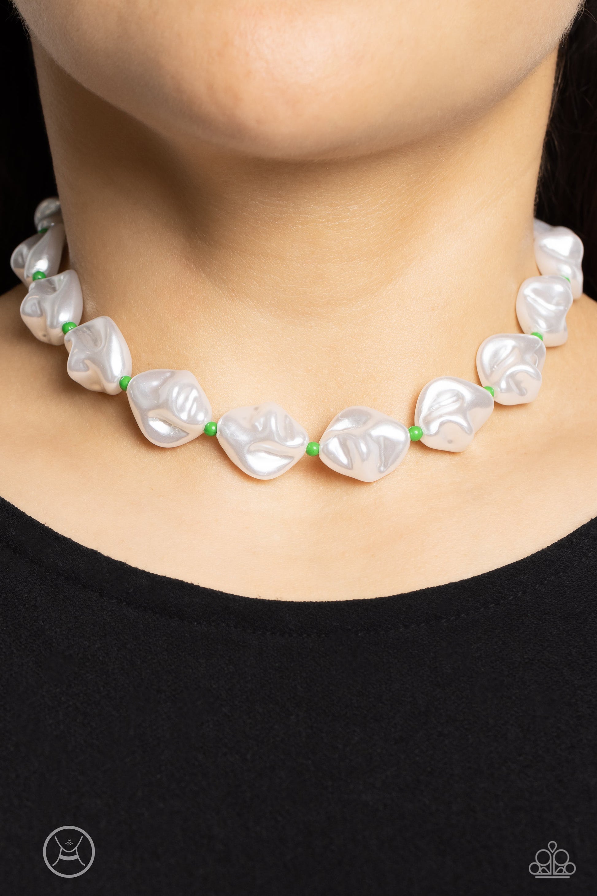 Paparazzi Accessories SHORE Enough - Green Rippling in texture, baroque white pearls alternate with classic green seed beads around the collar for a beachy statement. Features an adjustable clasp closure. Sold as one individual choker necklace. Includes o