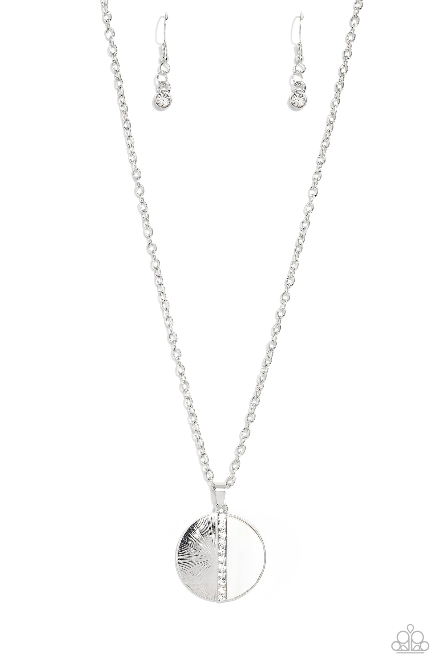 Paparazzi Accessories Captivating Contrast - White Embossed in radiant linear textures, a half-circle silver frame is nestled next to a half-circle white shell for a colorful finish. White rhinestones dot down the center of the pendant for a spritz of gli
