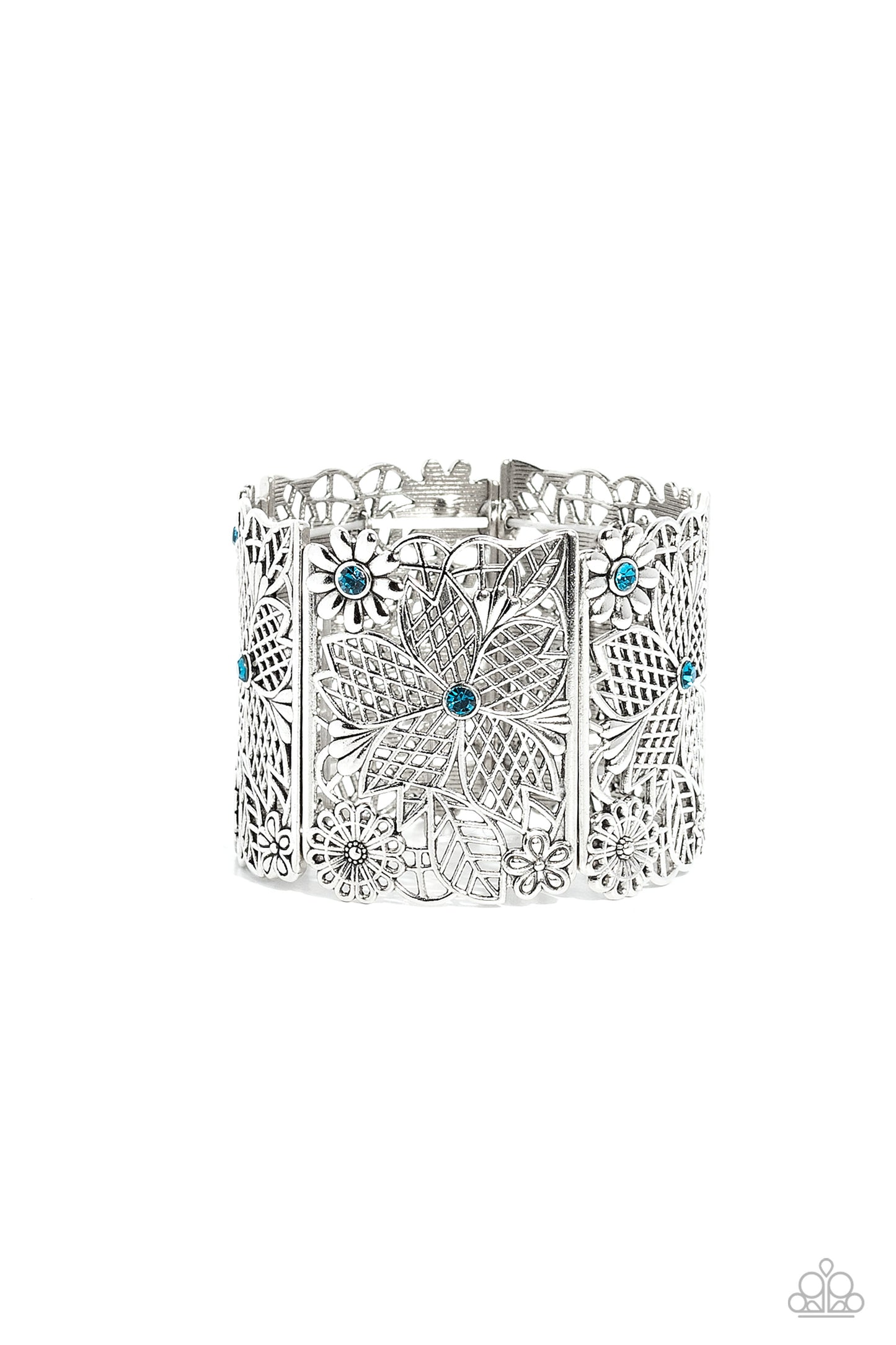 Paparazzi Accessories Garden City - Blue Featuring blue rhinestone centers, rectangular intricate, floral, filigree-filled silver frames are threaded along a stretchy band around the wrist for a whimsical garden-inspired look. Sold as one individual brace