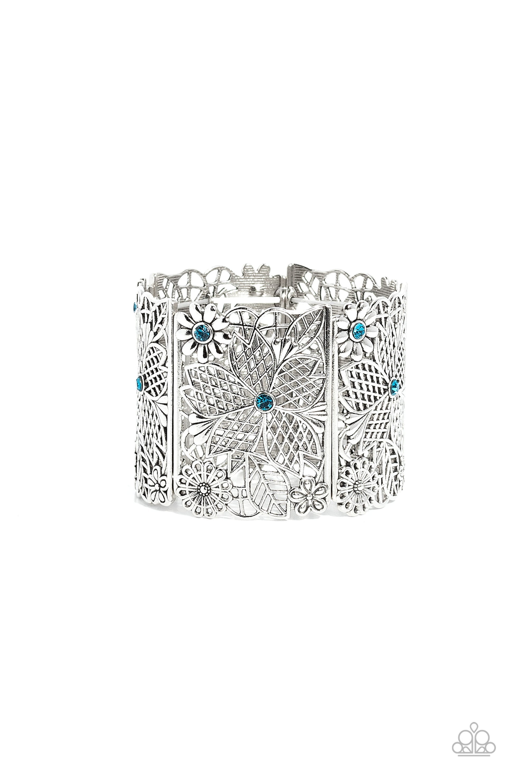 Paparazzi Accessories Garden City - Blue Featuring blue rhinestone centers, rectangular intricate, floral, filigree-filled silver frames are threaded along a stretchy band around the wrist for a whimsical garden-inspired look. Sold as one individual brace
