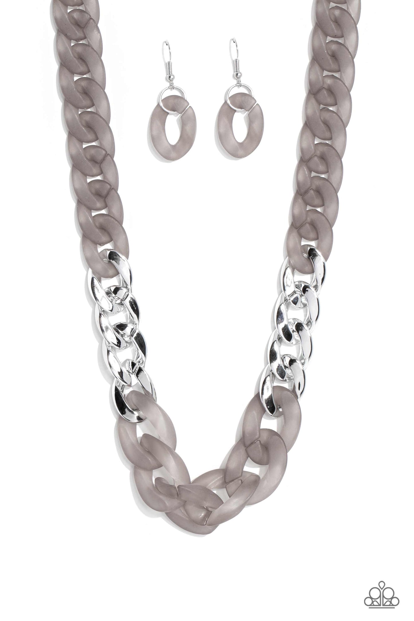 Paparazzi Accessories Curb Your Enthusiasm - Silver Brushed in a Poppyseed finish, a strand of acrylic curb chain combines with links of a silver curb chain to dramatically drape across the chest for a whimsical yet bold look. Features an adjustable clasp