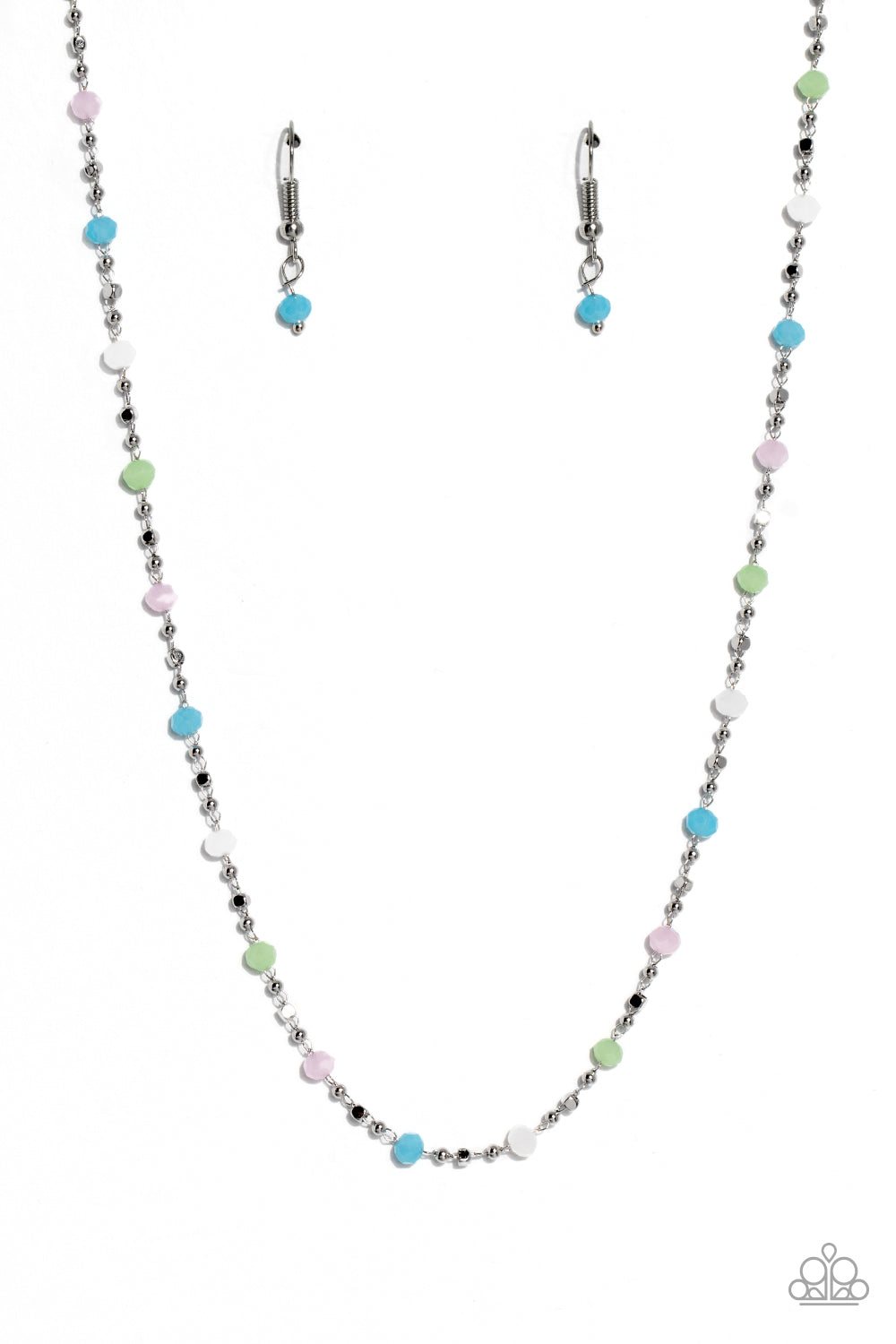 Paparazzi Accessories Summer Sunrise - Multi Infused on a dainty silver chain, faceted beads in shades of blue, pink, green, and white alternate with dainty silver beads and square beads for a refreshing, simple statement. Features an adjustable clasp clo