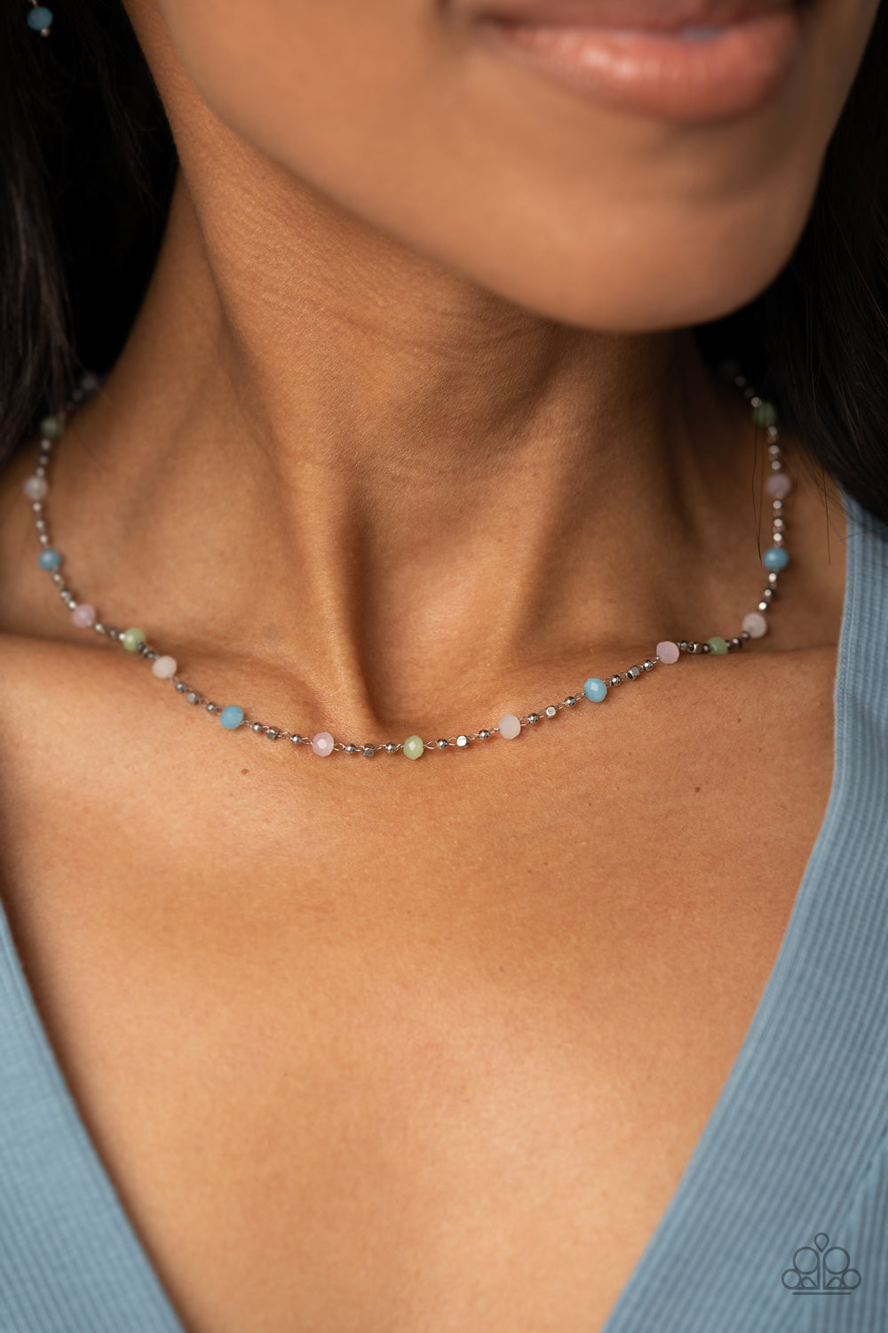 Paparazzi Accessories Summer Sunrise - Multi Infused on a dainty silver chain, faceted beads in shades of blue, pink, green, and white alternate with dainty silver beads and square beads for a refreshing, simple statement. Features an adjustable clasp clo