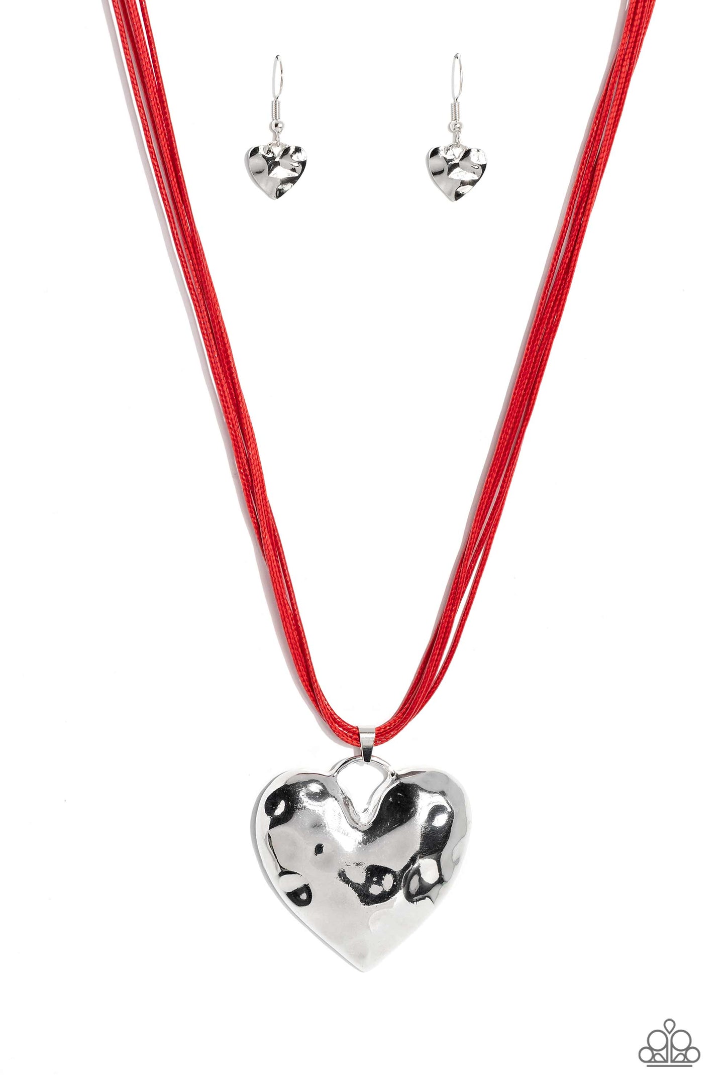 Paparazzi Accessories Confident Courtship - Red An oversized, silver heart pendant featuring a hammered sheen, falls down the neckline at the end of red cording for an alluring appeal. Features an adjustable clasp closure. Sold as one individual necklace.