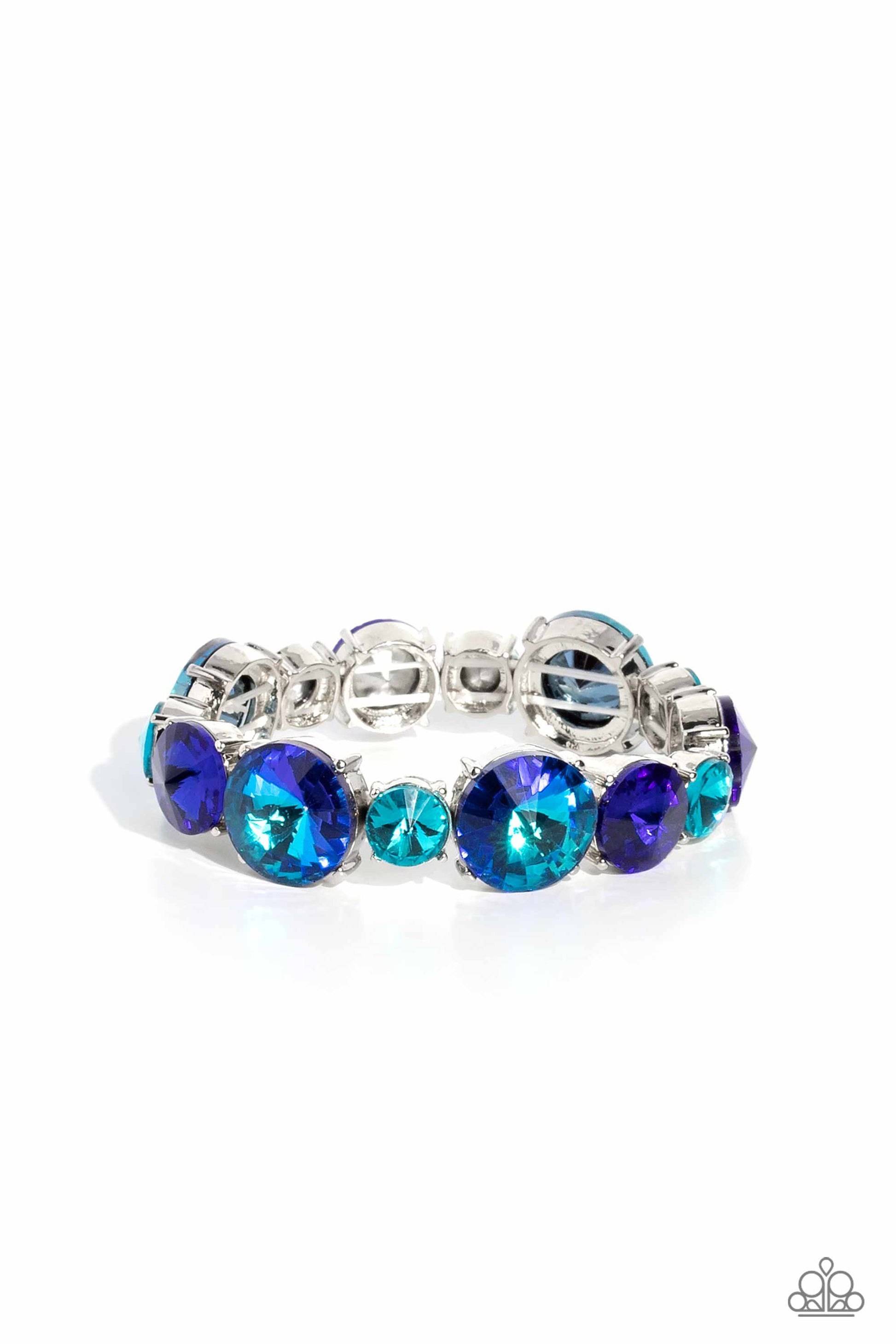 Paparazzi Accessories Refreshing Radiance - Blue Pressed in silver-pronged frames, vibrant blue gems in varying sizes and shades alternate along stretchy bands around the wrist, creating a colorful pop of color. The larger blue gems feature a stellar UV s