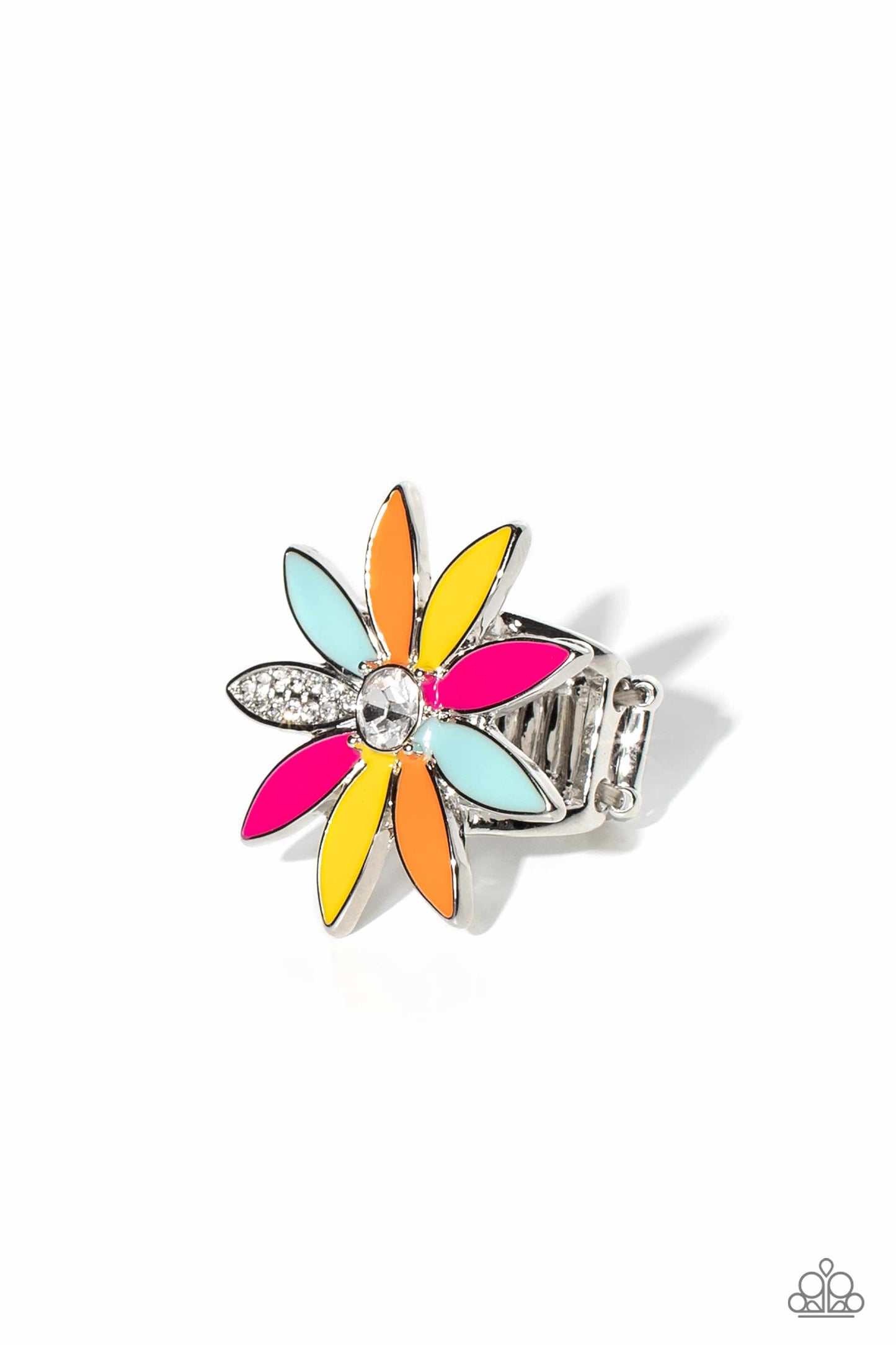 Paparazzi Accessories Lily Lei - Multi Featuring Pink Peacock, Samoan Sun, Orange Tiger and Waterspout elongated marquise petals, an oversized glittery colorful flower, with a white gem center, blooms atop an airy silver band. Dainty white rhinestones dot