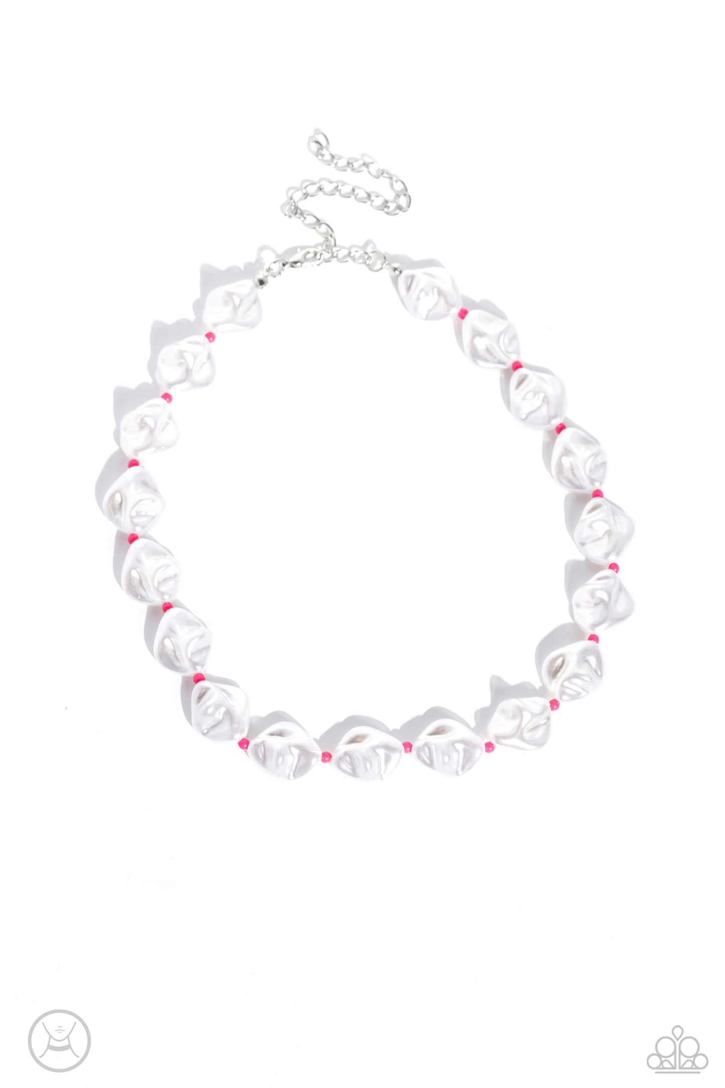Paparazzi Accessories SHORE Enough - Pink Rippling in texture, baroque white pearls alternate with Pink Peacock seed beads around the collar for a beachy statement. Features an adjustable clasp closure. Sold as one individual choker necklace. Includes one