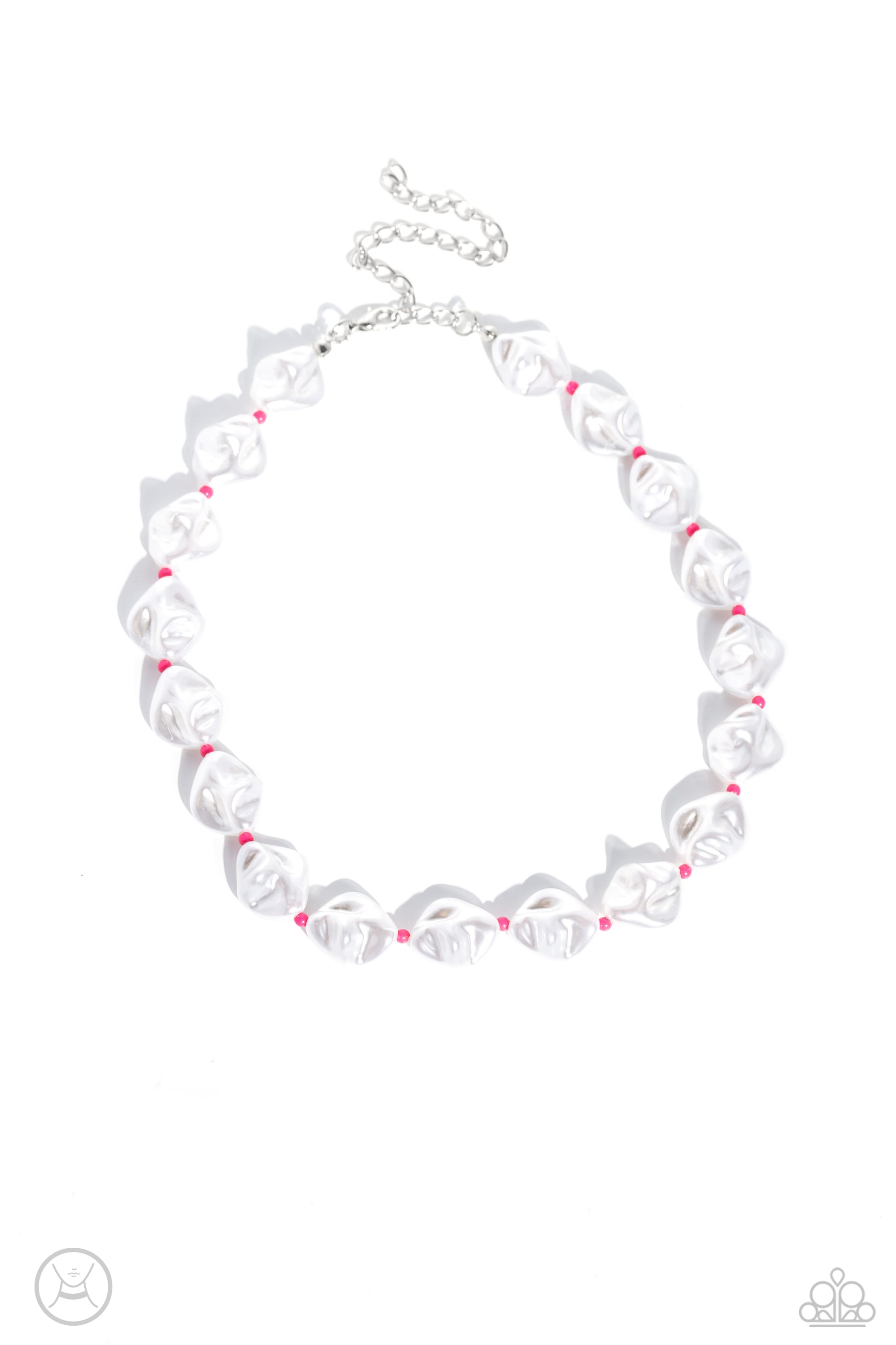 Paparazzi Accessories SHORE Enough - Pink Rippling in texture, baroque white pearls alternate with Pink Peacock seed beads around the collar for a beachy statement. Features an adjustable clasp closure. Sold as one individual choker necklace. Includes one