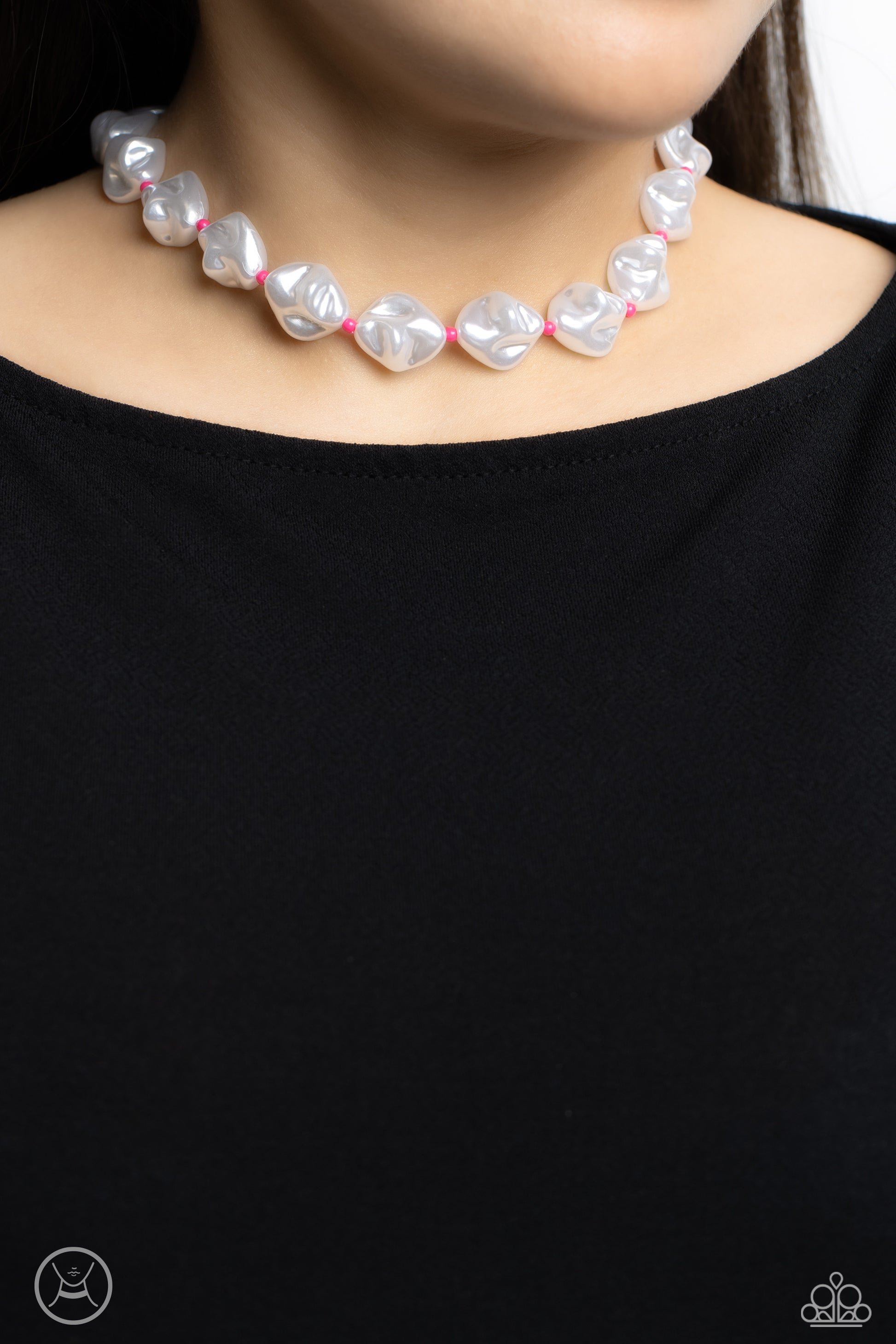 Paparazzi Accessories SHORE Enough - Pink Rippling in texture, baroque white pearls alternate with Pink Peacock seed beads around the collar for a beachy statement. Features an adjustable clasp closure. Sold as one individual choker necklace. Includes one