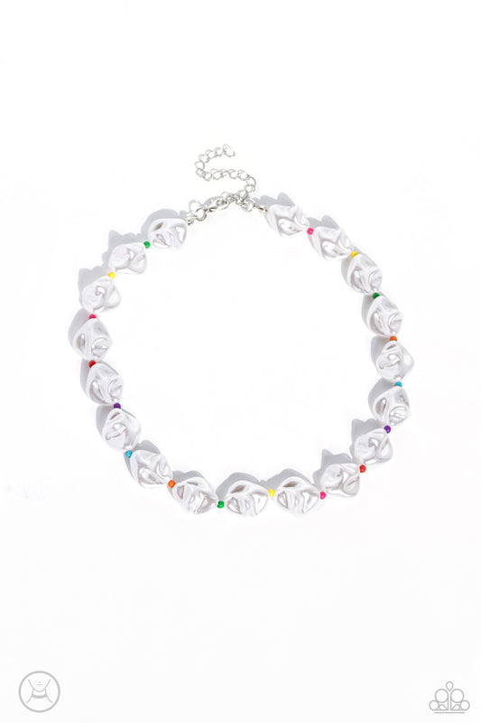 Paparazzi Accessories SHORE Enough - Multi Rippling in texture, baroque white pearls alternate with Pink Peacock, Empire Yellow, green, orange, blue, purple, and red seed beads around the collar for a beachy statement. Features an adjustable clasp closure