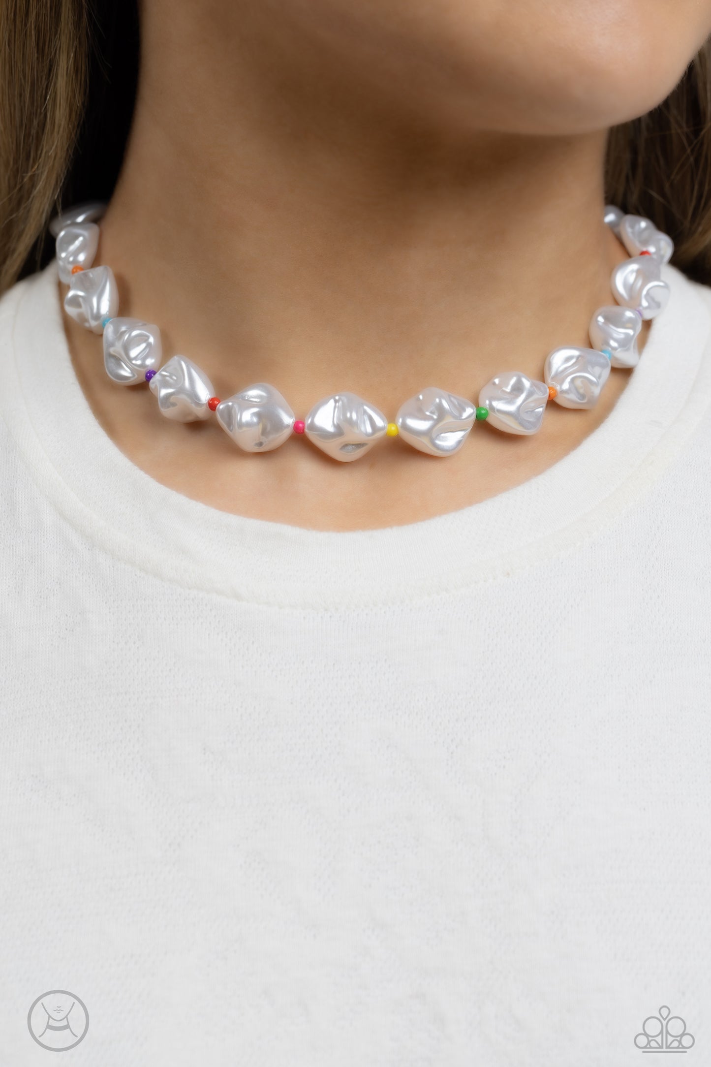 Paparazzi Accessories SHORE Enough - Multi Rippling in texture, baroque white pearls alternate with Pink Peacock, Empire Yellow, green, orange, blue, purple, and red seed beads around the collar for a beachy statement. Features an adjustable clasp closure