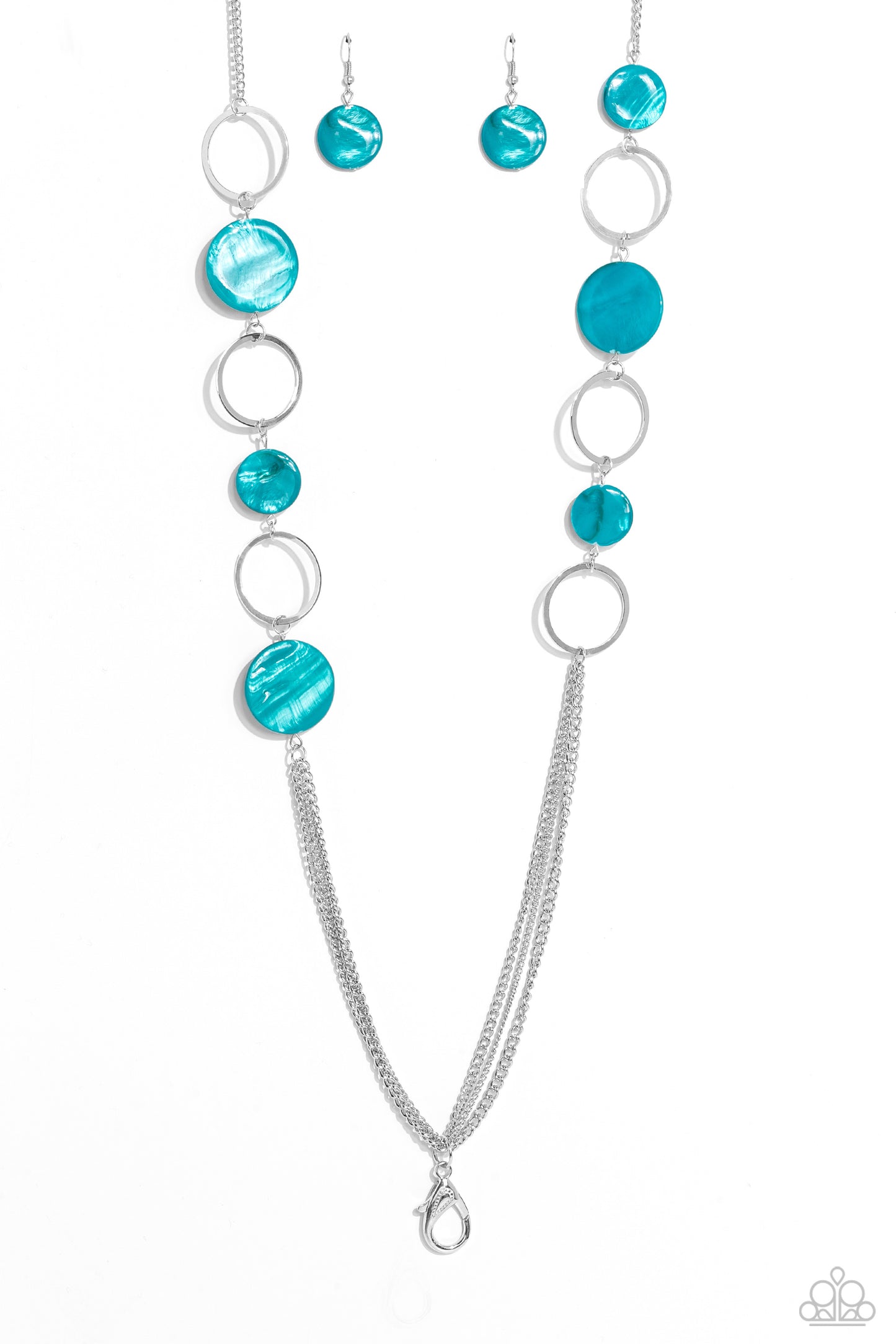 Paparazzi Accessories Beach Hub - Blue *Lanyard Sections of blue shell-like discs link with flat silver hoops down the chest, giving way to layers of shimmery silver chain for a tropical inspired flair. A lobster clasp hangs from the bottom of the design