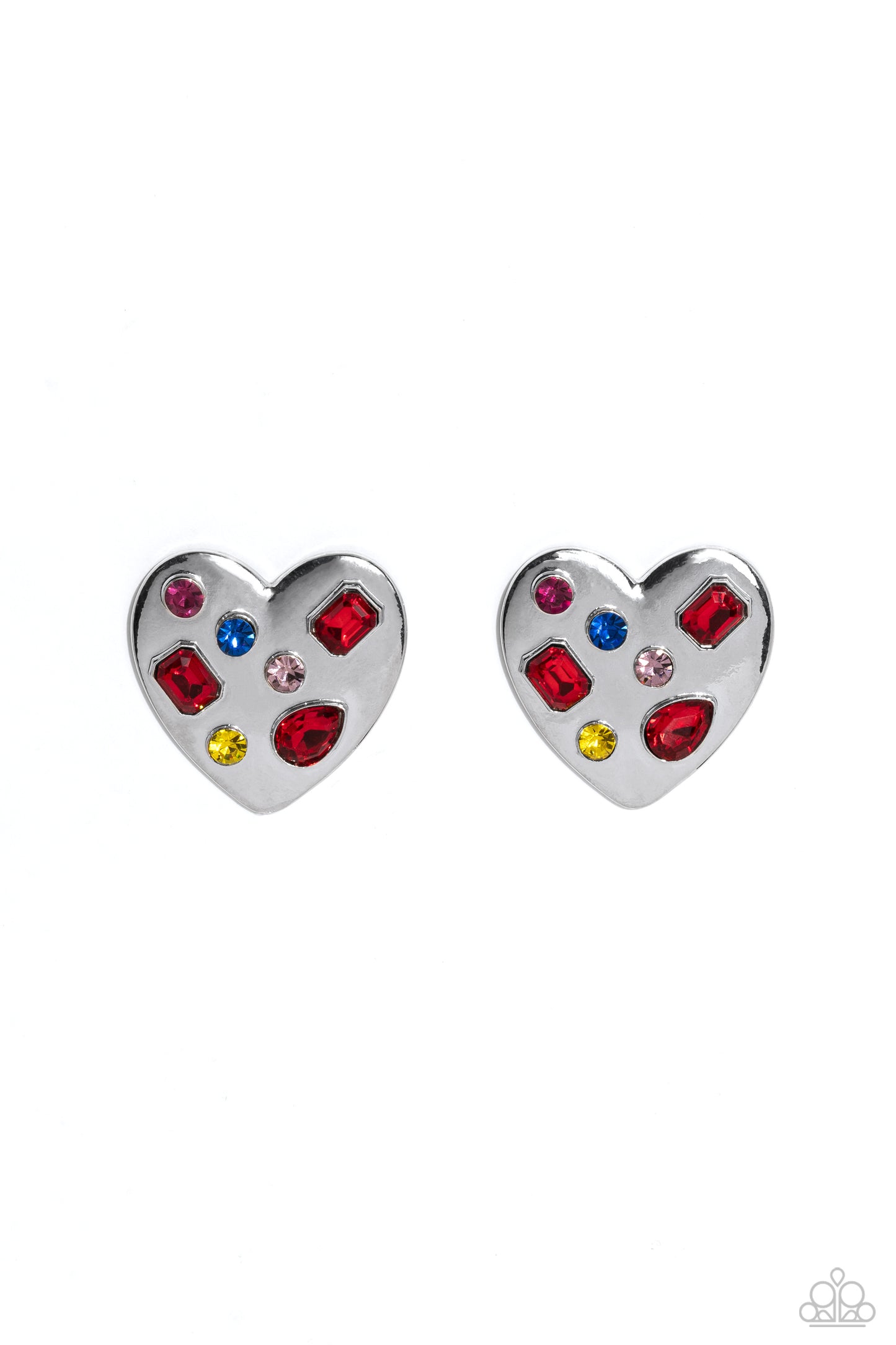 Paparazzi Accessories Relationship Ready - Red Brushed with shimmery pink, yellow, blue, and red round, teardrop and emerald-cut gems, an oversized, high-sheen silver heart frame rests against the ear for a dazzling finish. Earring attaches to a standard