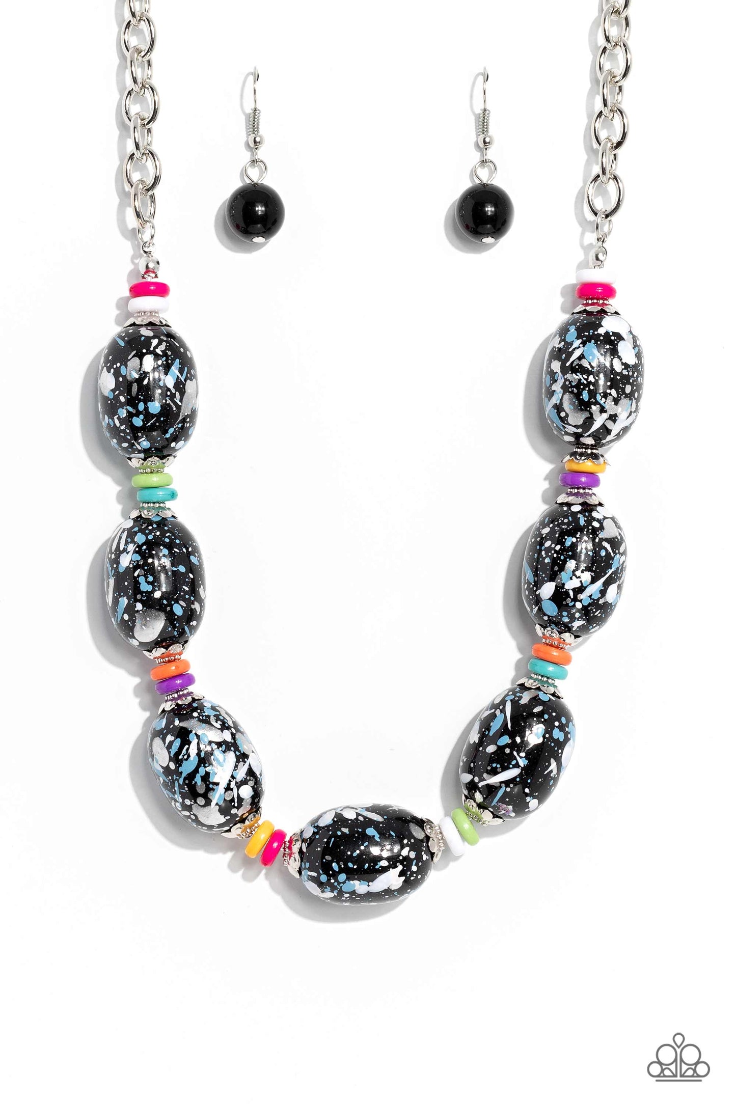Paparazzi Accessories No Laughing SPLATTER - Multi Featuring blue, white, and silver paint splatter, oversized black beads loop around the collar from a classic silver link chain. Silver floral fittings and small discs in shades of white, hot pink, yellow