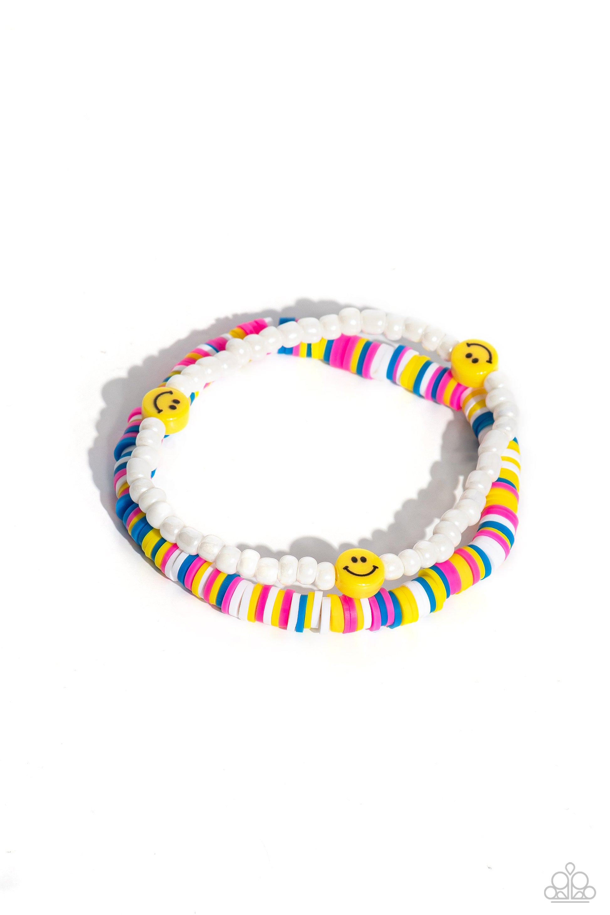Paparazzi Accessories Tabloid Talent - Multi Hot pink, blue, white, and yellow clay discs combine with a strand of white seed beads to provide a vibrant pop of color along the wrist. Sporadically dotted in the high-sheen seed bead strand, yellow smiley fa
