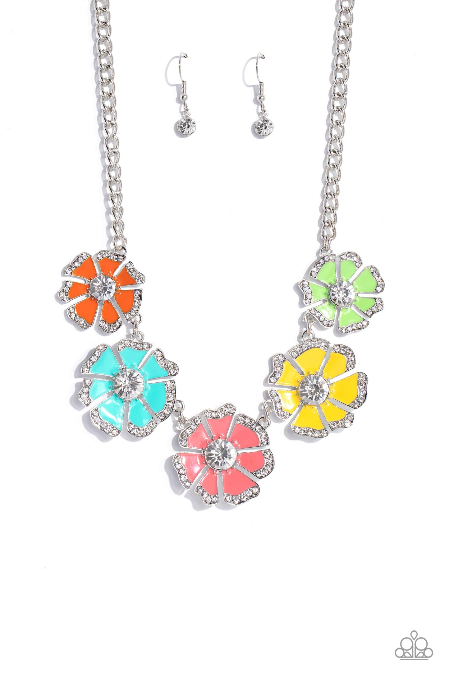 Paparazzi Accessories Playful Posies - Multi Dotted with dainty white rhinestone petal edges and white gem centers, a vibrant assortment of Burnt Coral, Samoan Sun, Orange Tiger, apple green, and tiffany blue flowers link below the collar for a playful po