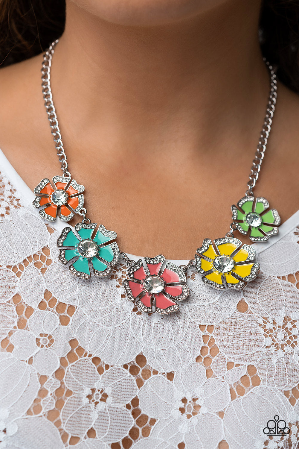 Paparazzi Accessories Playful Posies - Multi Dotted with dainty white rhinestone petal edges and white gem centers, a vibrant assortment of Burnt Coral, Samoan Sun, Orange Tiger, apple green, and tiffany blue flowers link below the collar for a playful po