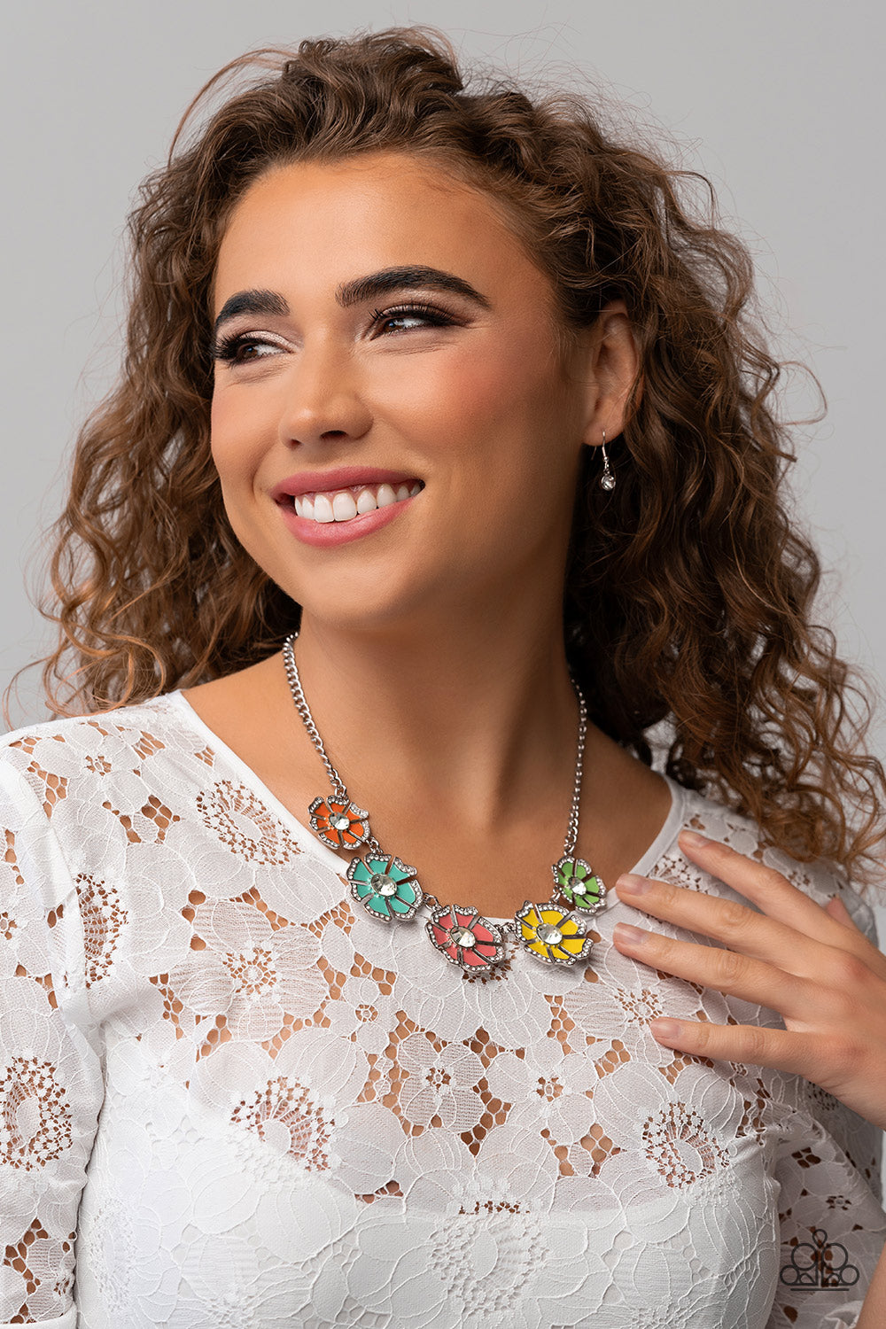 Paparazzi Accessories Playful Posies - Multi Dotted with dainty white rhinestone petal edges and white gem centers, a vibrant assortment of Burnt Coral, Samoan Sun, Orange Tiger, apple green, and tiffany blue flowers link below the collar for a playful po