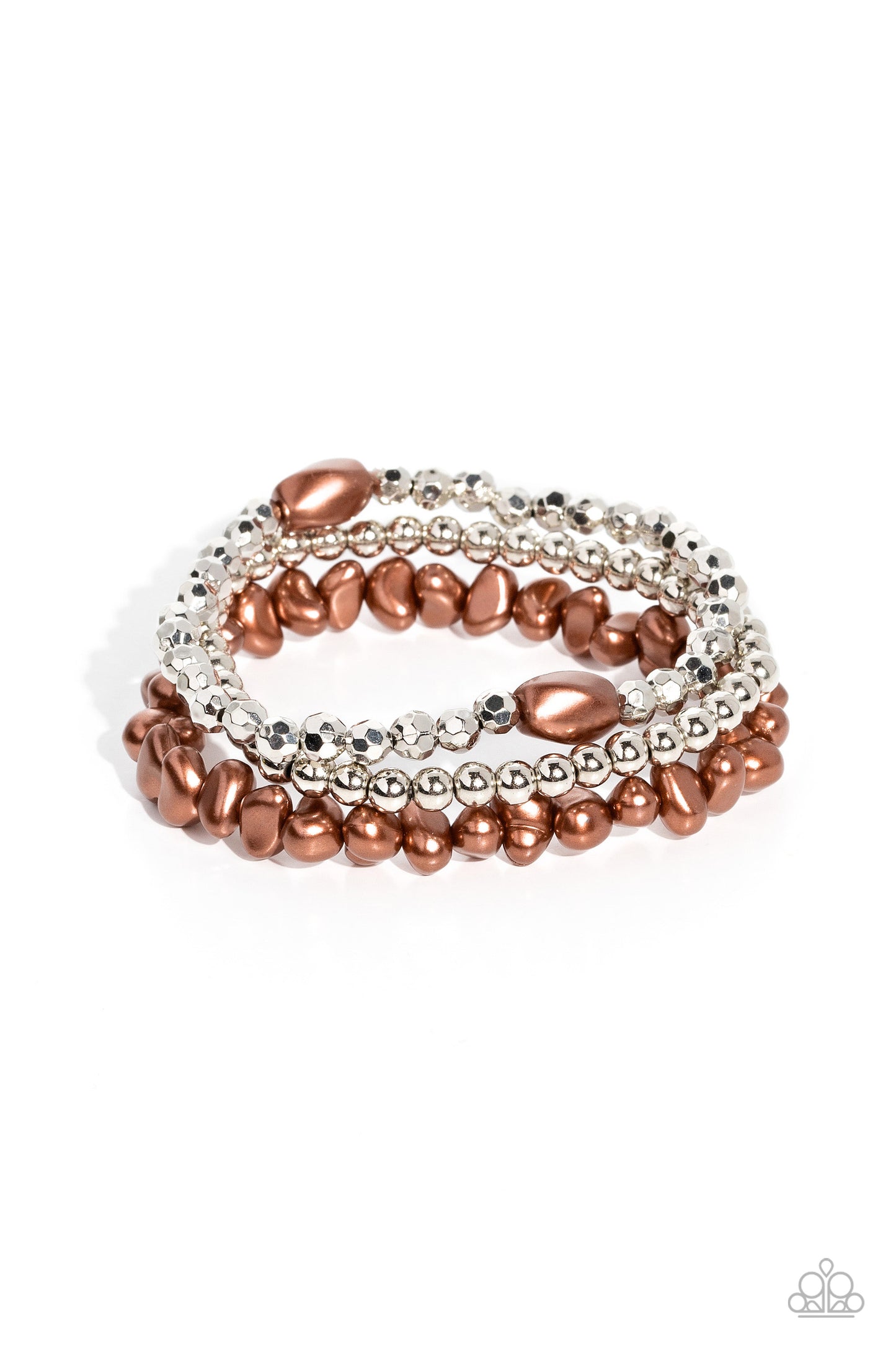Paparazzi Accessories Effulgent Exchange - Brown Coalescing into a light-reflecting stack up the wrist, silver beads, baroque brown pearl beads, and faceted silver beads with two brown pearl beads wrap around the wrist on elastic stretchy bands for a fash
