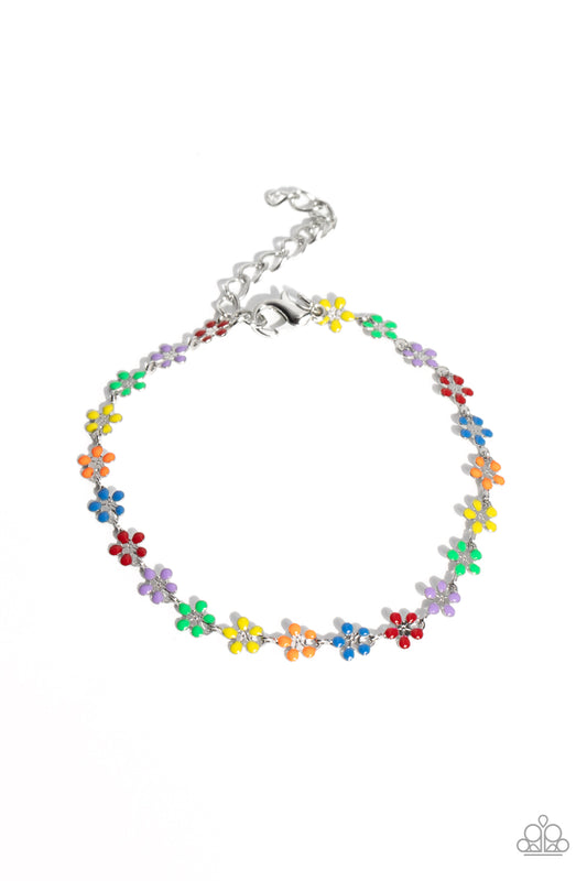 Paparazzi Accessories Courting Flowers - Multi Dotted with dainty silver flower centers, colorful petaled flowers link around the wrist for a colorfully seasonal look. Features an adjustable clasp closure. Sold as one individual bracelet. Get The Complete