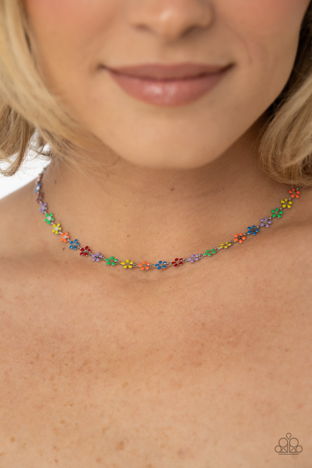 Paparazzi Accessories Floral Catwalk - Multi Dotted with dainty silver flower centers, colorful petaled flowers link below the collar for a colorfully seasonal look. Features an adjustable clasp closure. Sold as one individual necklace. Includes one pair