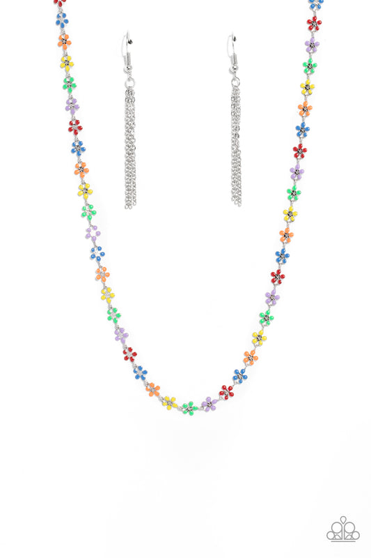Paparazzi Accessories Floral Catwalk - Multi Dotted with dainty silver flower centers, colorful petaled flowers link below the collar for a colorfully seasonal look. Features an adjustable clasp closure. Sold as one individual necklace. Includes one pair