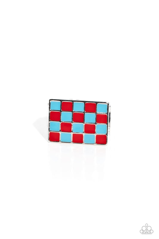 Paparazzi Accessories Checkerboard Craze - Red Featuring a thick silver square surface, linear rows of red squares alternate with light blue squares for a colorful checkerboard statement atop the finger. Features a stretchy band for a flexible fit. Sold a