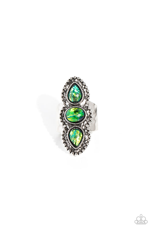 Paparazzi Accessories Strut Your STUDS - Green Centered around an elongated, decoratively studded silver frame, two opalescent refracted shimmer green teardrops flank an opalescent green oval, creating a whimsically seasonal statement piece atop the finge