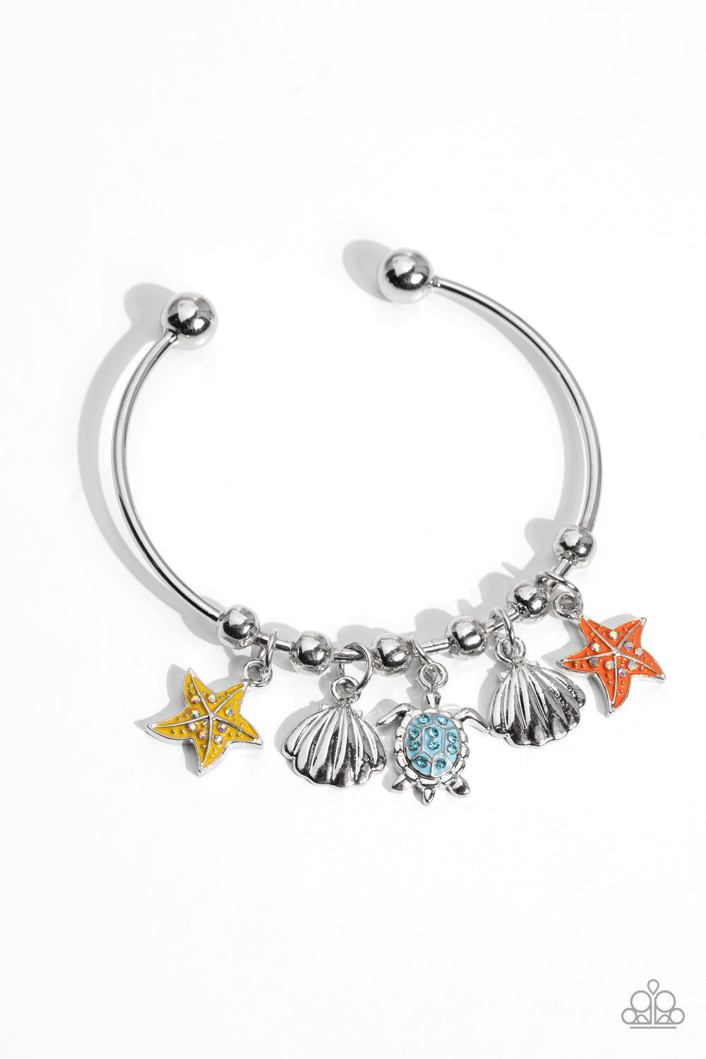 Paparazzi Accessories Swimming in Shimmer - Multi A skinny silver bar with barbell fittings arcs across the wrist, creating a dainty cuff. Secured in place by silver beads, silver sea scallop seashells, starfish in shades of burnt coral and yellow with a