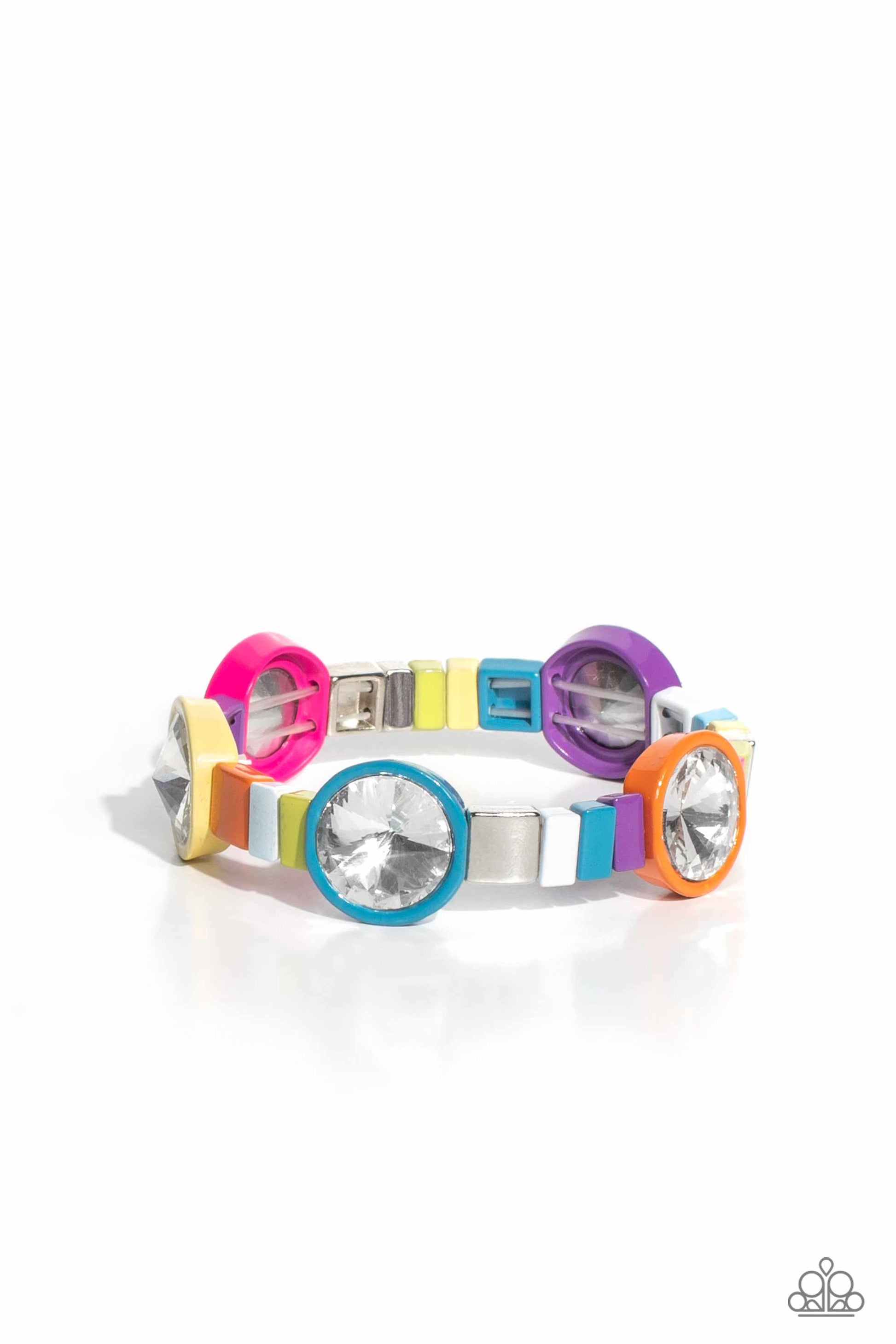 Paparazzi Accessories Multicolored Madness - Multi Strung along elastic stretchy bands, a bodacious collection of silver accents, and varying metallic accents dipped in multicolored shades encircle the wrist. Sporadically infused between the colorful disp