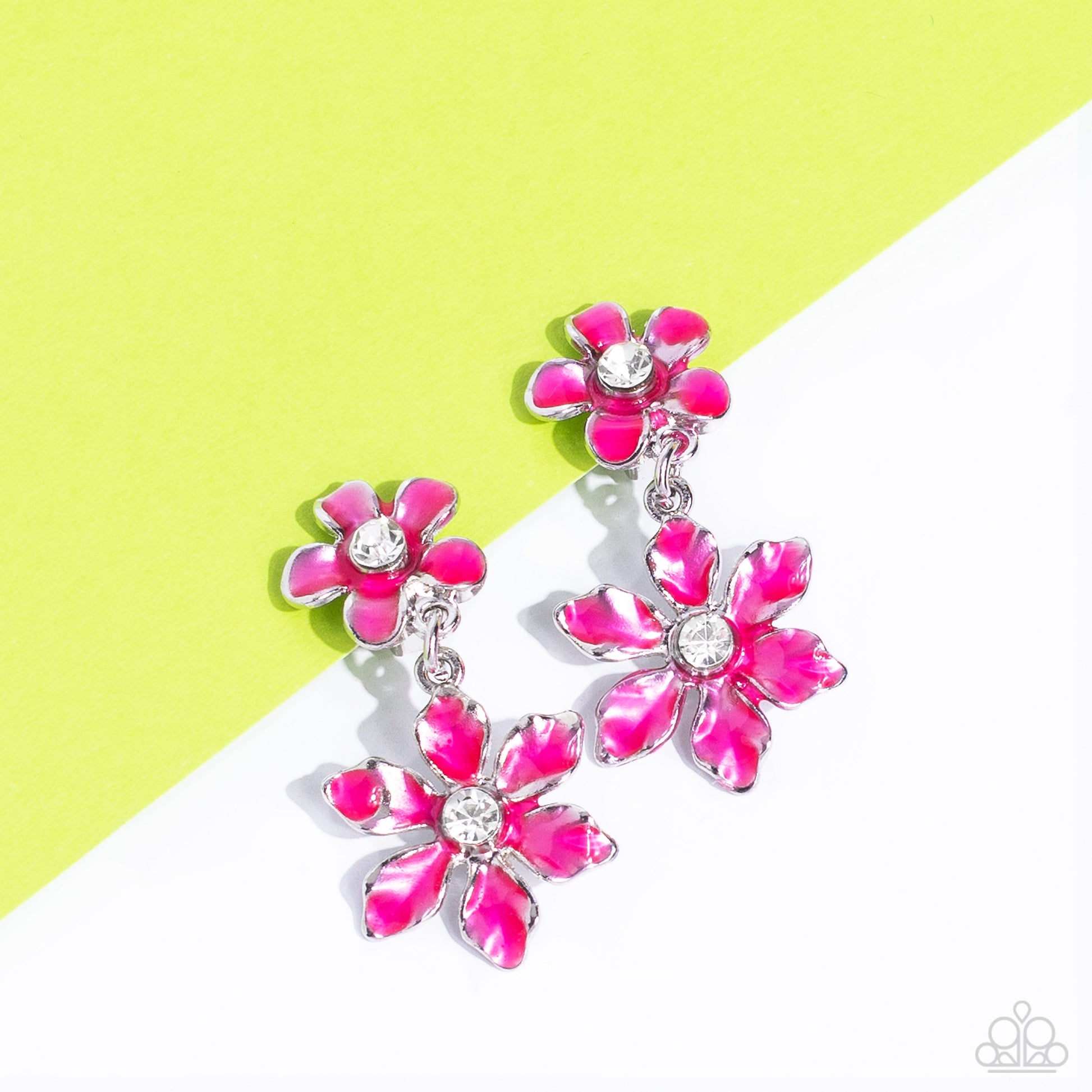 Paparazzi Accessories Transparent Talent - Pink A hot pink transparent flower with pinched petals blooms around a glittery white gem center. The large flower swings from a second transparent hot pink flower, featuring a smaller size with fanned-out petals