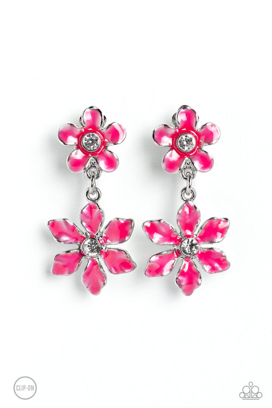 Paparazzi Accessories Transparent Talent - Pink A hot pink transparent flower with pinched petals blooms around a glittery white gem center. The large flower swings from a second transparent hot pink flower, featuring a smaller size with fanned-out petals