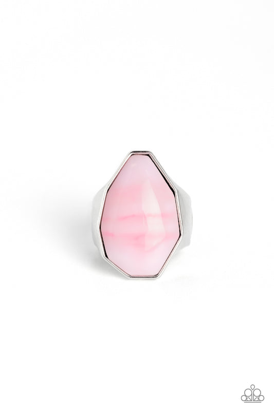 Paparazzi Accessories Never Say TIE DYE - Pink Featuring a glossy finish, an asymmetrical pink acrylic bead, patterned with accents of darker pink, is pressed into a sleek silver frame for an attention-grabbing pop of youthful color atop the finger. Featu