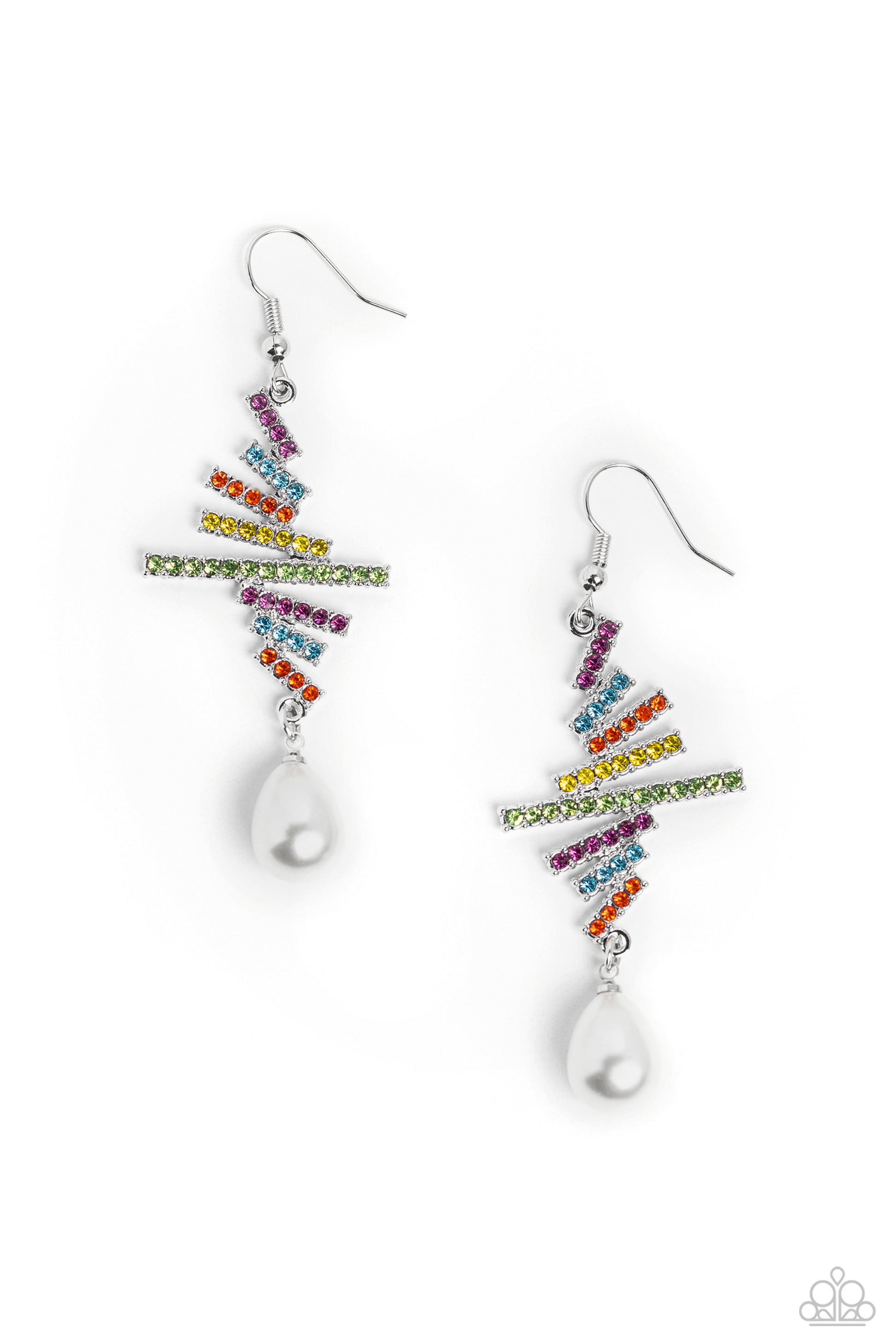 Paparazzi Accessories Timeless Tapestry - Multi Encrusted with dainty pink, blue, yellow, orange, and green rhinestones, silver horizontal bars of varying sizes stack down the ear in a whimsical array. Dangling at the bottom of the staggered display, an e