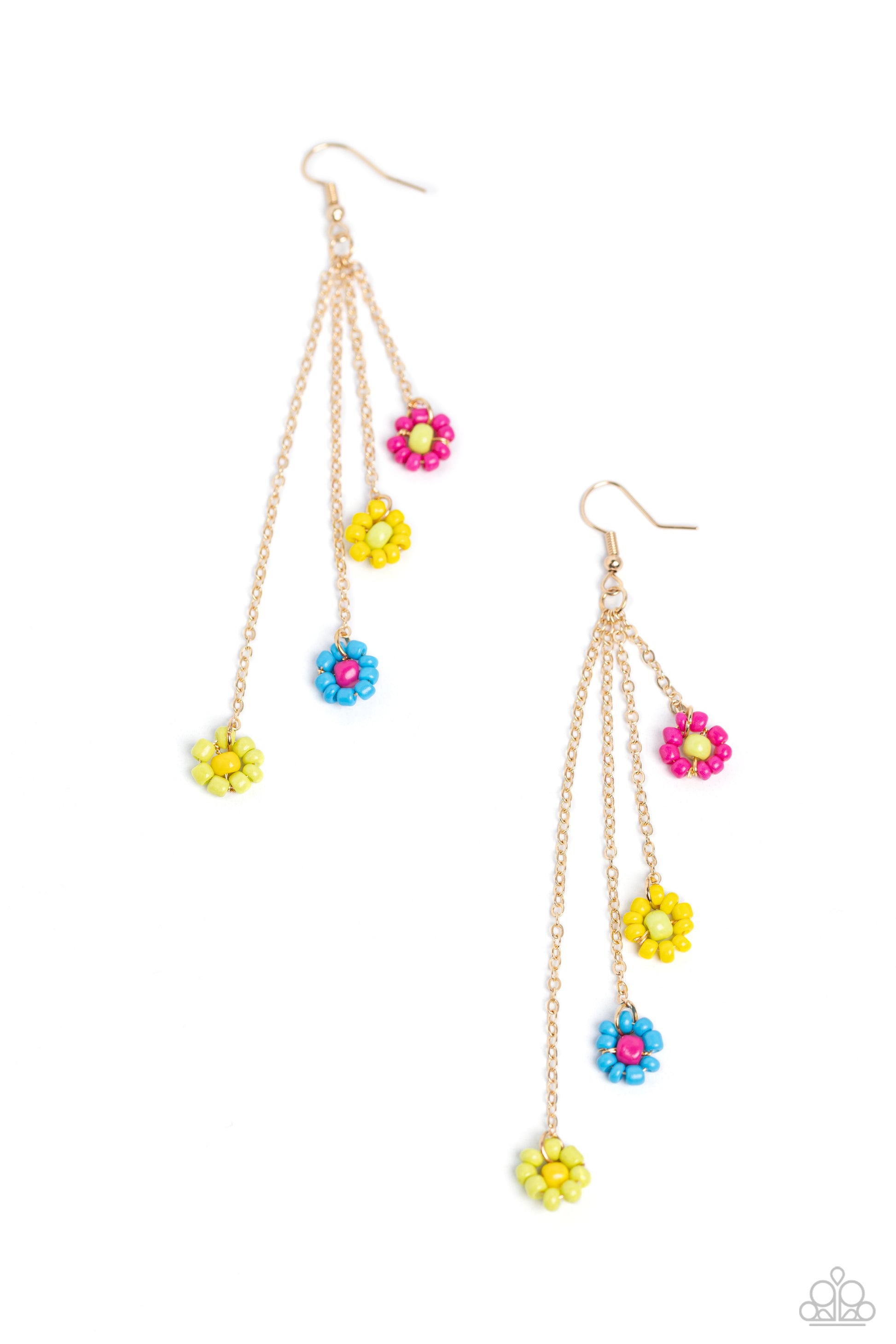 Paparazzi Accessories Color Me Whimsical - Multi Dainty Pink Peacock, Empire Yellow, blue, and Love Bird seed bead flowers with similarly colored centers, trickle from the bottom of a dainty gold hoop to create a curtain of glittery gold chain tassels inf