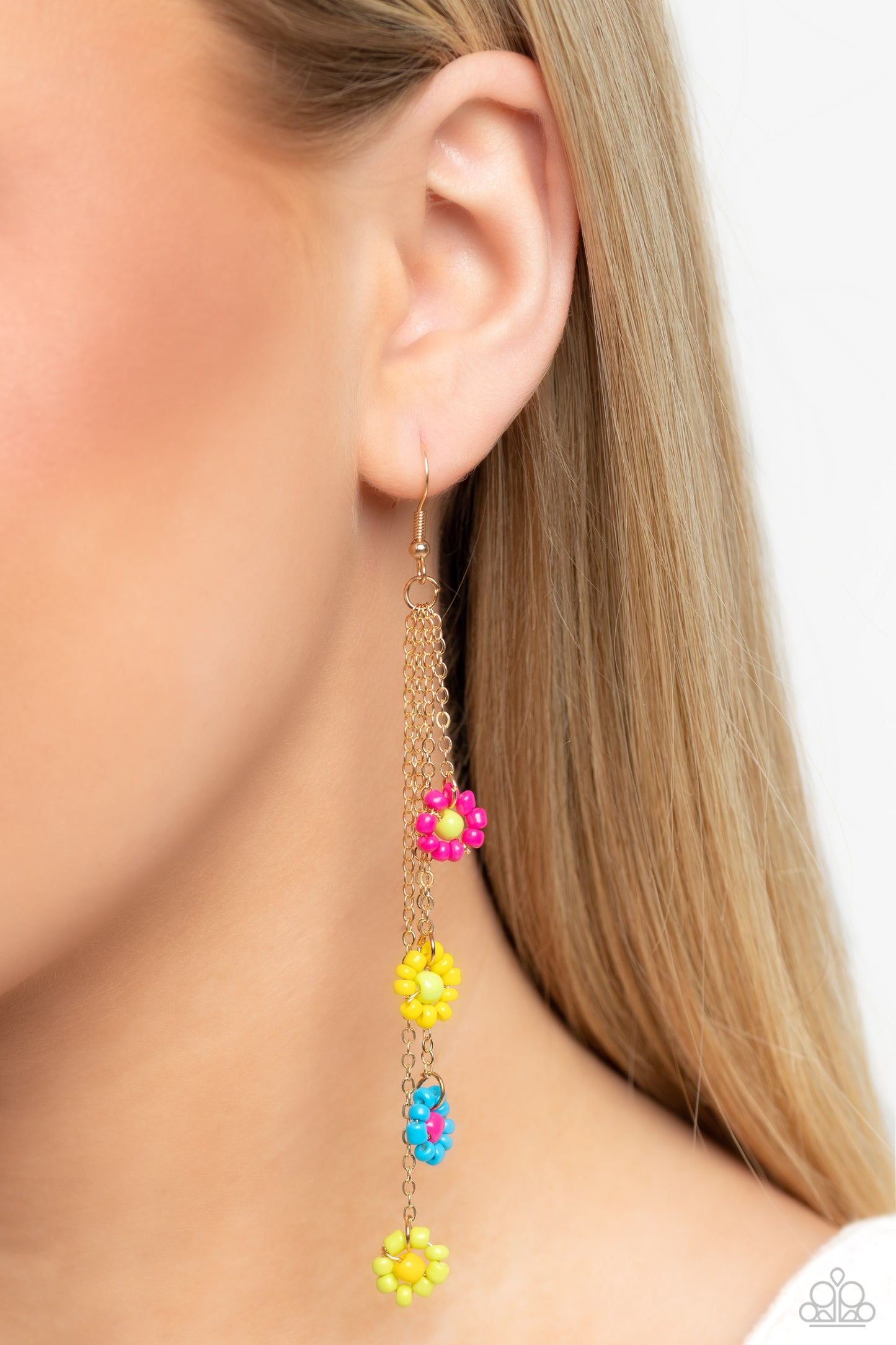 Paparazzi Accessories Color Me Whimsical - Multi Dainty Pink Peacock, Empire Yellow, blue, and Love Bird seed bead flowers with similarly colored centers, trickle from the bottom of a dainty gold hoop to create a curtain of glittery gold chain tassels inf