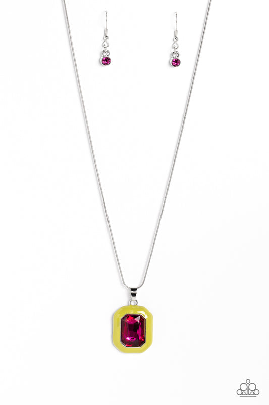 Paparazzi Accessories Emerald Energy - Multi An oversized, fuchsia emerald-cut gem is bordered by a frame of neon Love Bird, creating a bright pendant that swings from the bottom of a silver snake chain. Features an adjustable clasp closure. Sold as one i