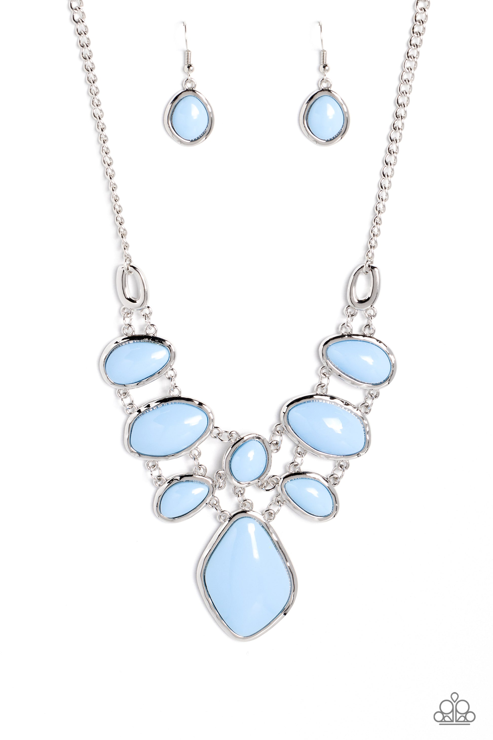 Paparazzi Accessories Dreamily Decked Out - Blue Brushed in a glossy finish, a collection of abstract Summer Song ovals in varying sizes connect end to end along the neckline in a layered display. Sleek silver frames border and wrap around each of the acr