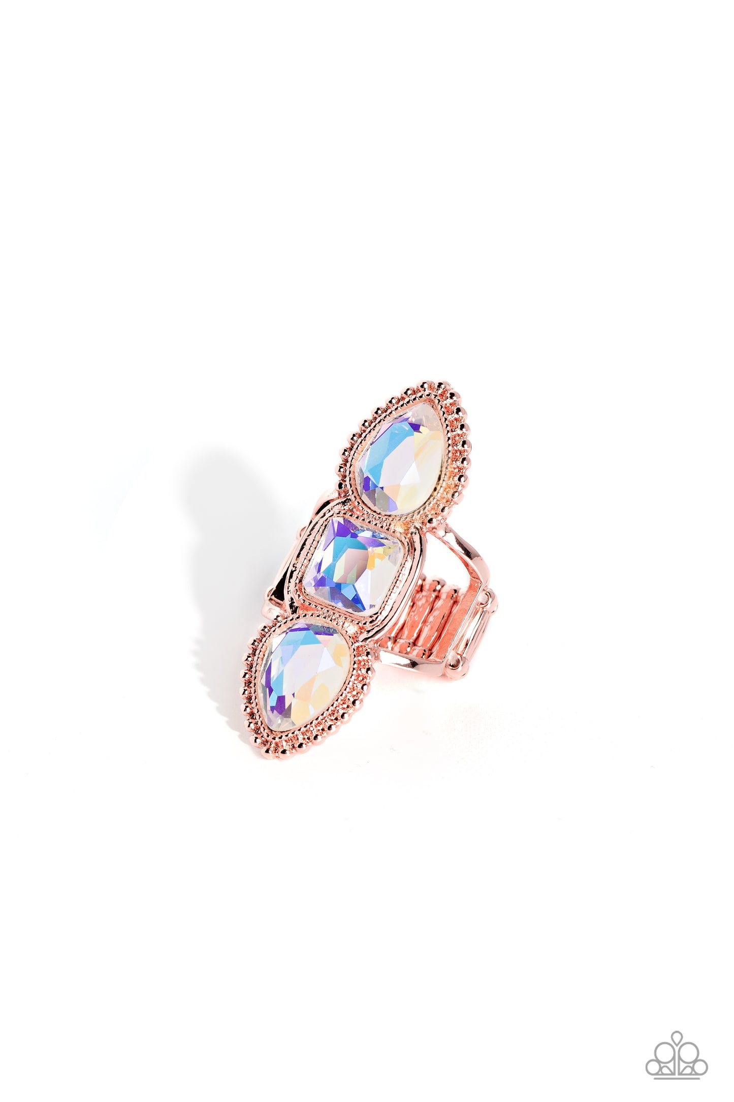 Paparazzi Accessories Dazzling Direction - Copper Featuring square and teardrop cuts, vivacious iridescent gems are pressed into a studded and sleek shiny copper frame, creating a stacked, grand display atop the finger. Airy shiny copper bands anchor the