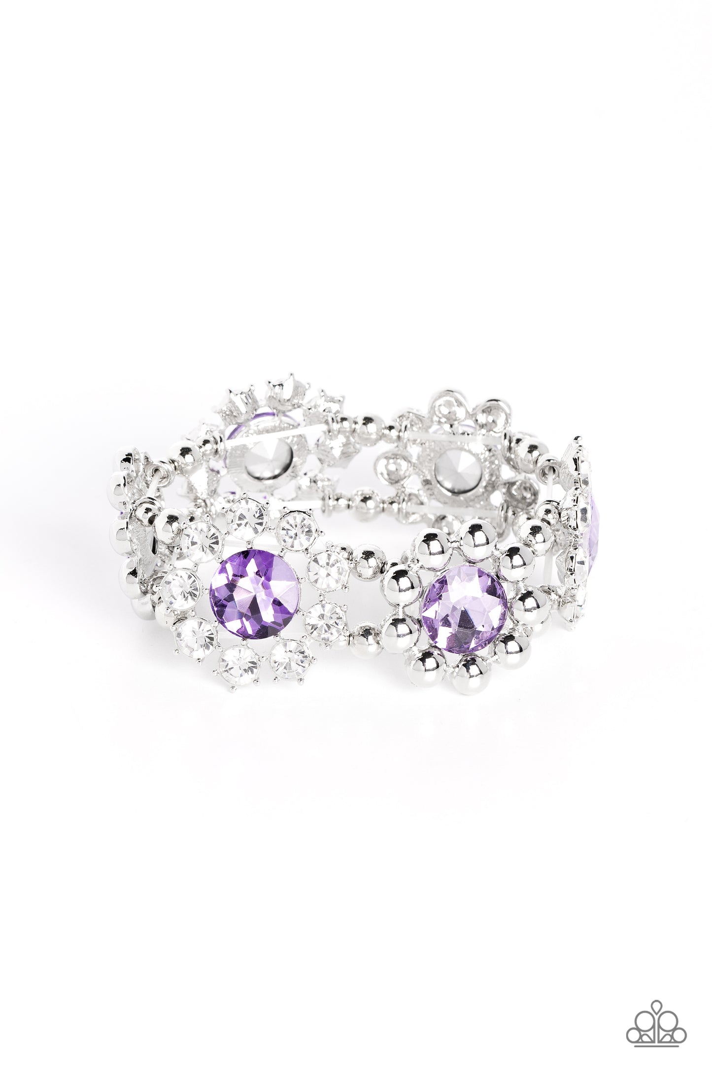Paparazzi Accessories Pact of Petals - Purple Scattering around faceted purple rhinestones, pronged white-gem petals and faceted silver beaded petals alternate along stretchy bands resulting in regally refined floral frames that wrap around the wrist. Sol