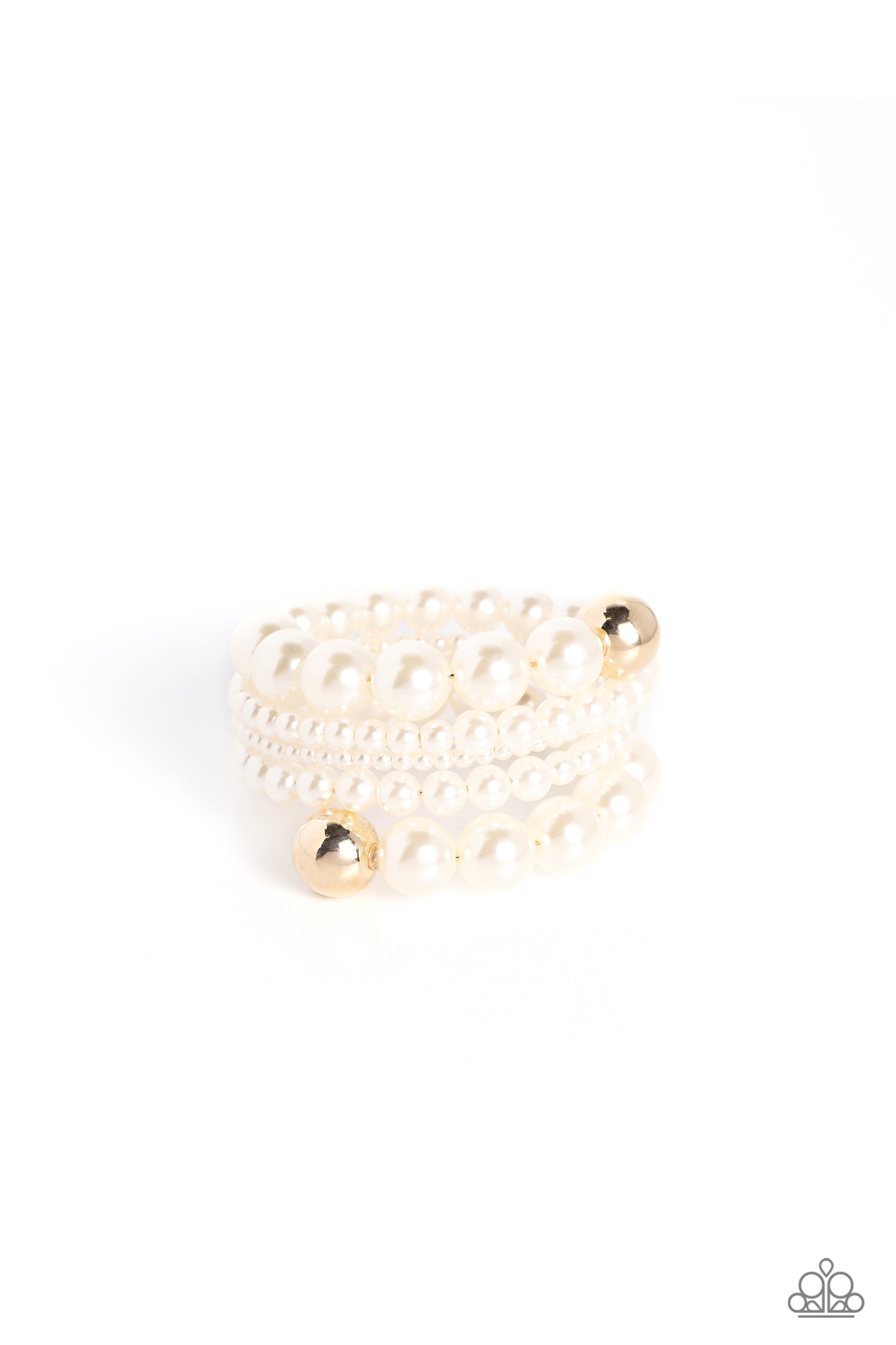 Paparazzi Accessories Pleasing Pirouette - Gold Varying sizes of lustrous pearls are threaded along a wire that curves and spins around the wrist, creating an elegant infinity wrap style bracelet. Reflective gold beads border the ends of the pearly displa