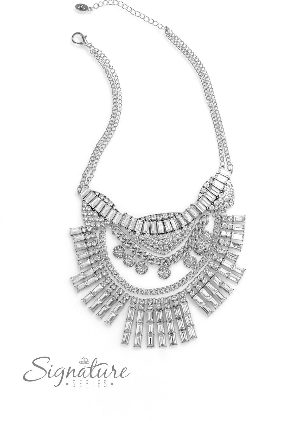 Paparazzi Accessories The Nedra Oversized chain links, silver discs hammered in texture, and a blinding display of brilliant white rhinestones combine to create an iconic statement piece. At the top of the elaborate display, three spade-like pendants fill