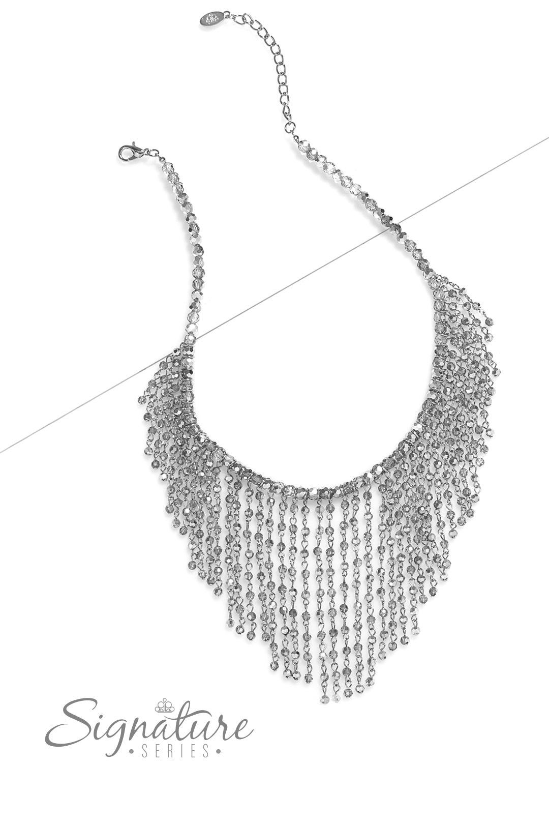 Paparazzi Accessories The Stephanie A collection of small, faceted beads is threaded along an invisible wire, showcasing their irresistible metallic shimmer and range of opacities. Dainty silver chain links, dotted with more of the same faceted beads, dri