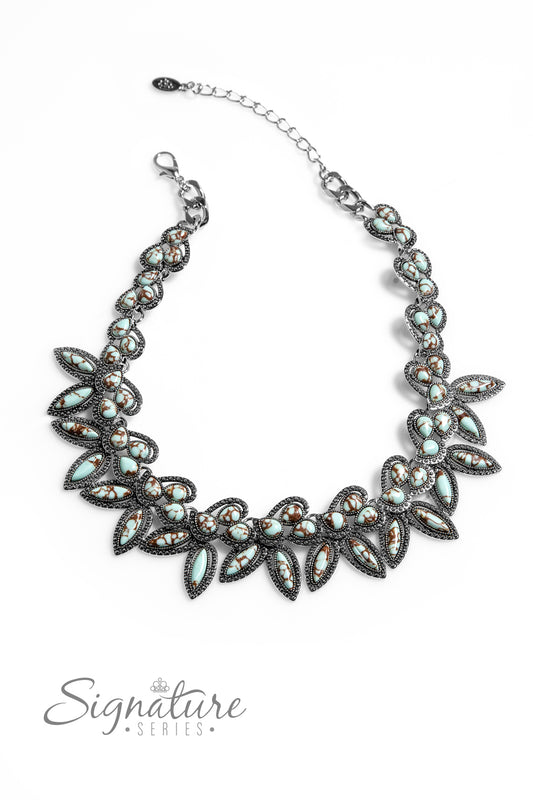 Paparazzi Accessories The April Light blue stones, marbled with rich brown swirls, are polished to perfection and chiseled into teardrops and marquise cuts. The smooth stones are grouped along a thick silver curb chain, creating a leafy display that falls