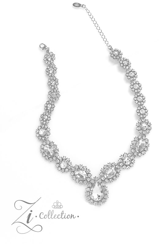 Paparazzi Accessories Everlasting - White Brilliant white rhinestones, in both round and oval cuts, link around the neck in a stunning display. Each dramatically faceted gem is encircled by tiny white rhinestones set in pronged fittings, bringing a vintag
